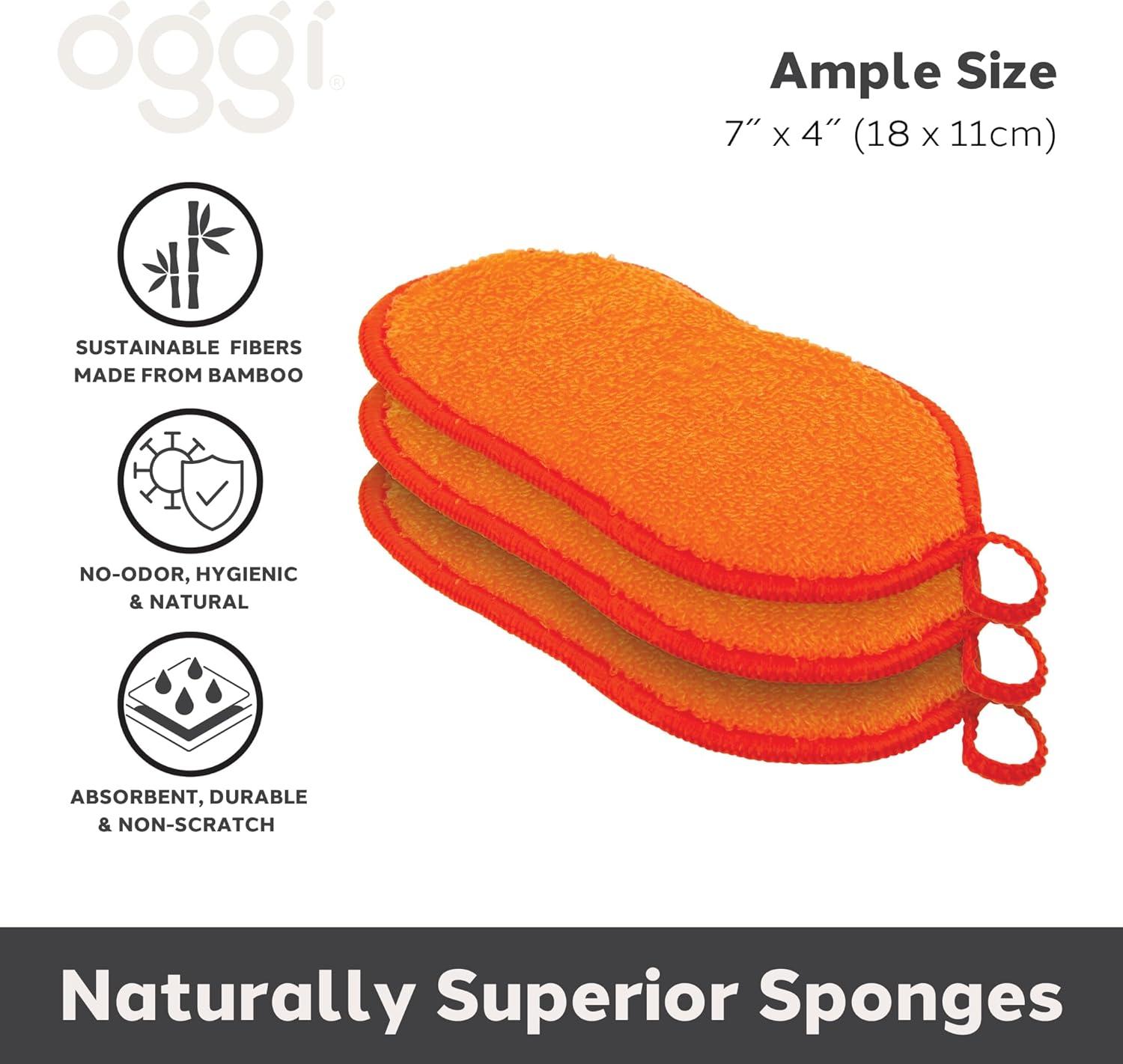 imageOGGI Bambou OdorFree Kitchen Sponges  Natural Kitchen Sponges for Dishes 91 BambooDerived Rayon Cellulose Fiber Reusable Absorbent Hygienic Durable NonScratch Washable  3 pcs 7x4Orange