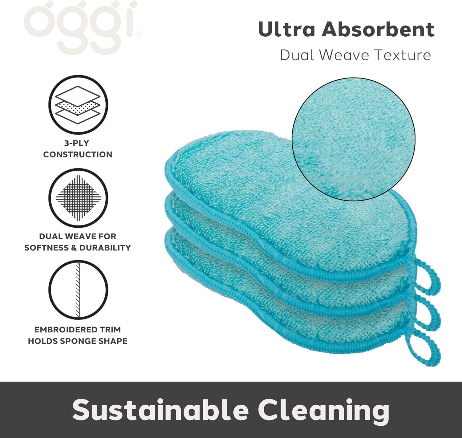 imageOGGI Bambou OdorFree Kitchen Sponges  Natural Kitchen Sponges for Dishes 91 BambooDerived Rayon Cellulose Fiber Reusable Absorbent Hygienic Durable NonScratch Washable  3 pcs 7x4Turquoise