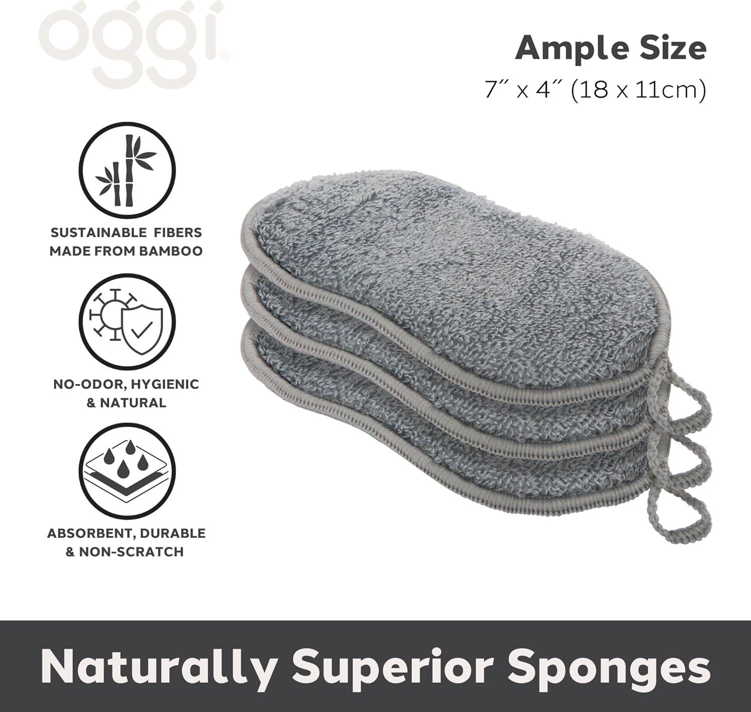 imageOGGI Bambou OdorFree Kitchen Sponges  Natural Kitchen Sponges for Dishes 91 BambooDerived Rayon Cellulose Fiber Reusable Absorbent Hygienic Durable NonScratch Washable  3 pcs 7x4Gray