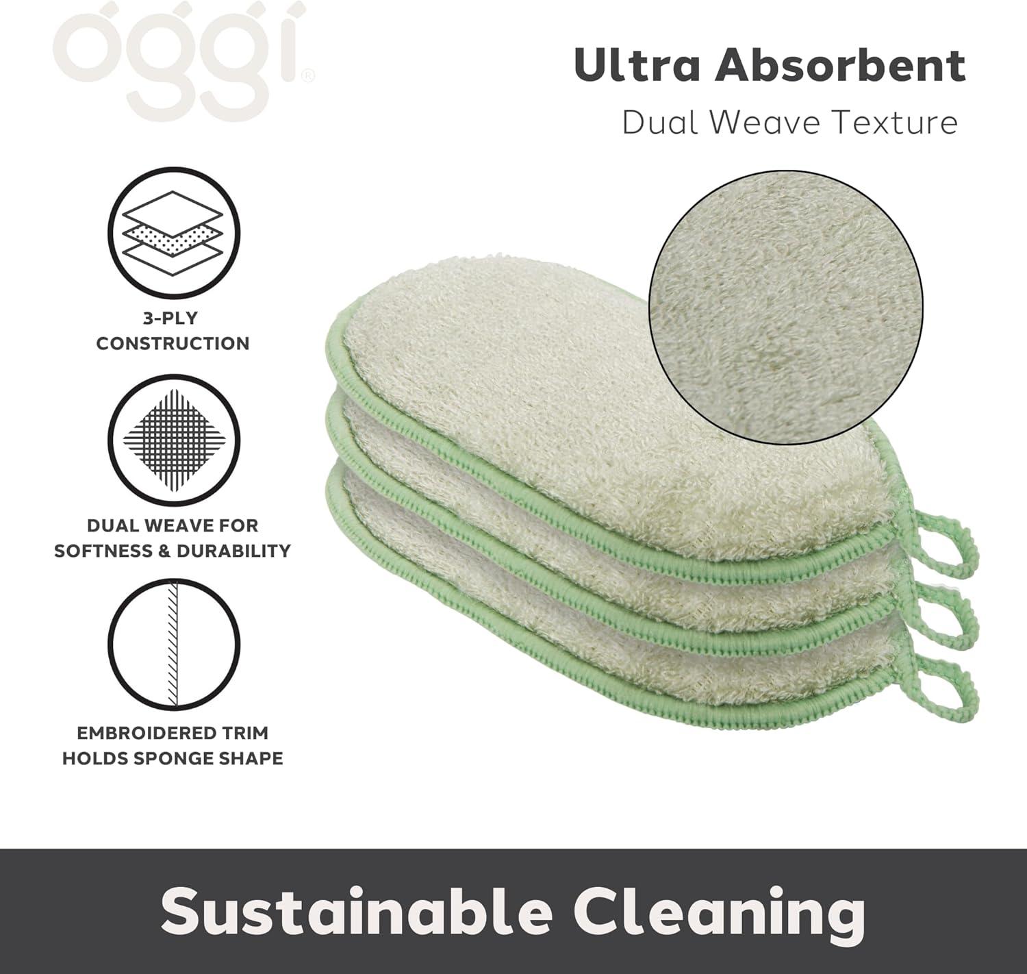 imageOGGI Bambou OdorFree Kitchen Sponges  Natural Kitchen Sponges for Dishes 91 BambooDerived Rayon Cellulose Fiber Reusable Absorbent Hygienic Durable NonScratch Washable  3 pcs 7x4Sage