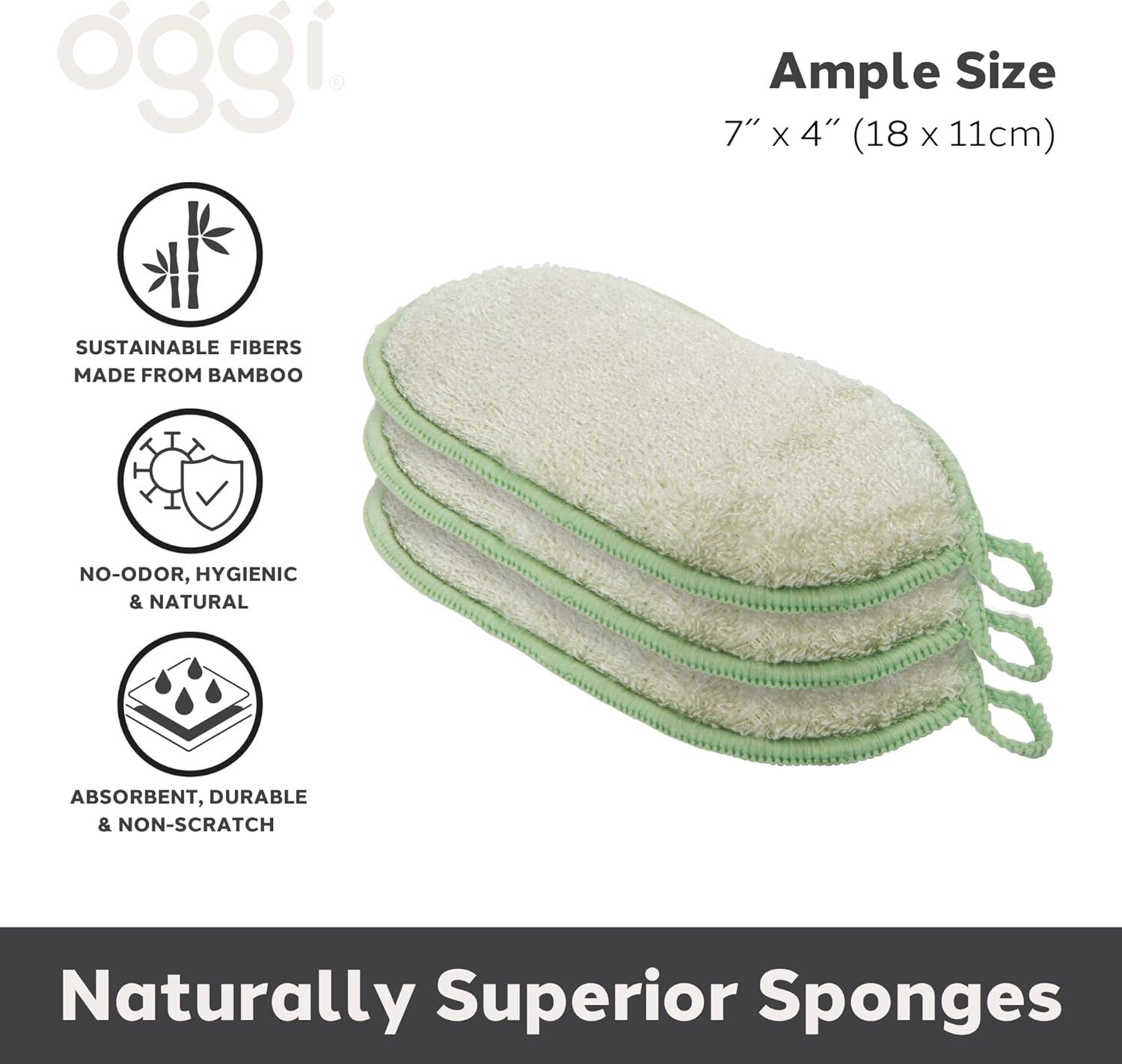 imageOGGI Bambou OdorFree Kitchen Sponges  Natural Kitchen Sponges for Dishes 91 BambooDerived Rayon Cellulose Fiber Reusable Absorbent Hygienic Durable NonScratch Washable  3 pcs 7x4Sage