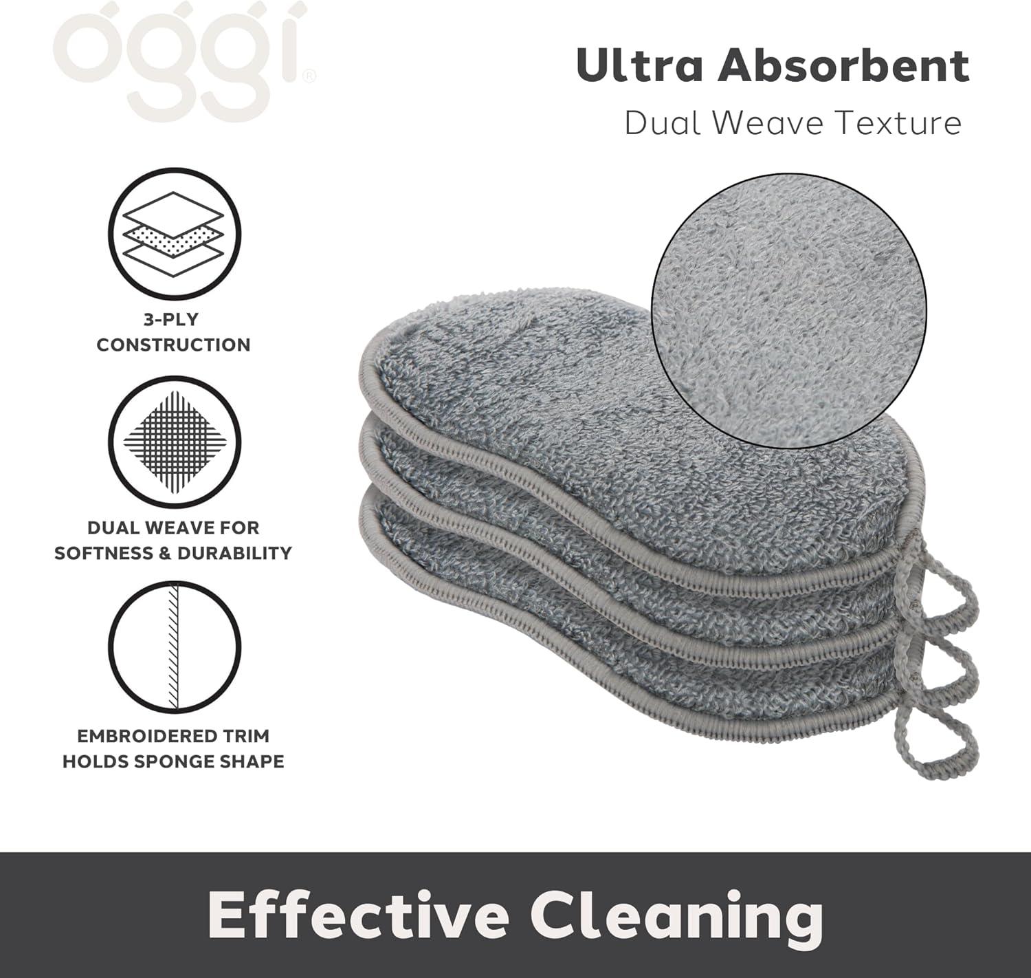 imageOGGI Bambou OdorFree Kitchen Sponges  Natural Kitchen Sponges for Dishes 91 BambooDerived Rayon Cellulose Fiber Reusable Absorbent Hygienic Durable NonScratch Washable  3 pcs 7x4Gray