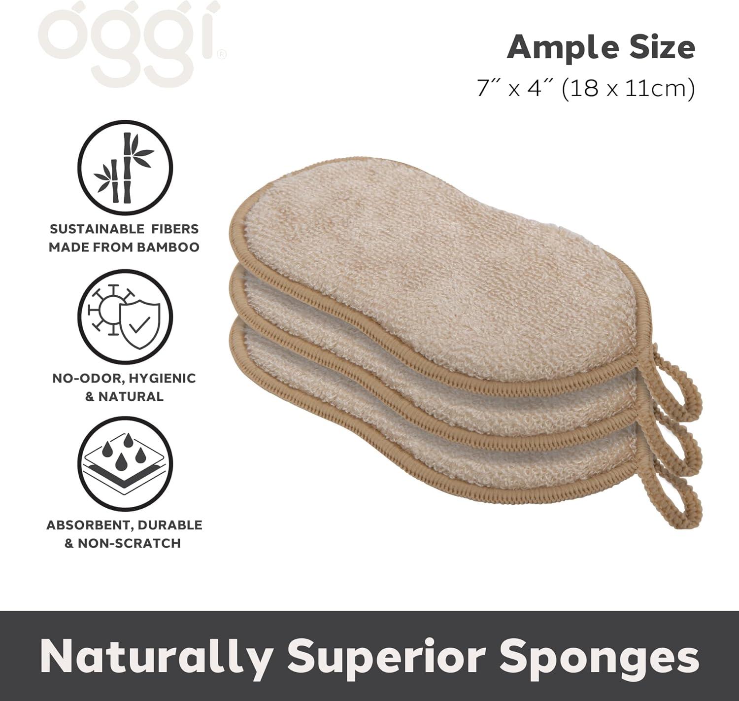 imageOGGI Bambou OdorFree Kitchen Sponges  Natural Kitchen Sponges for Dishes 91 BambooDerived Rayon Cellulose Fiber Reusable Absorbent Hygienic Durable NonScratch Washable  3 pcs 7x4Khaki