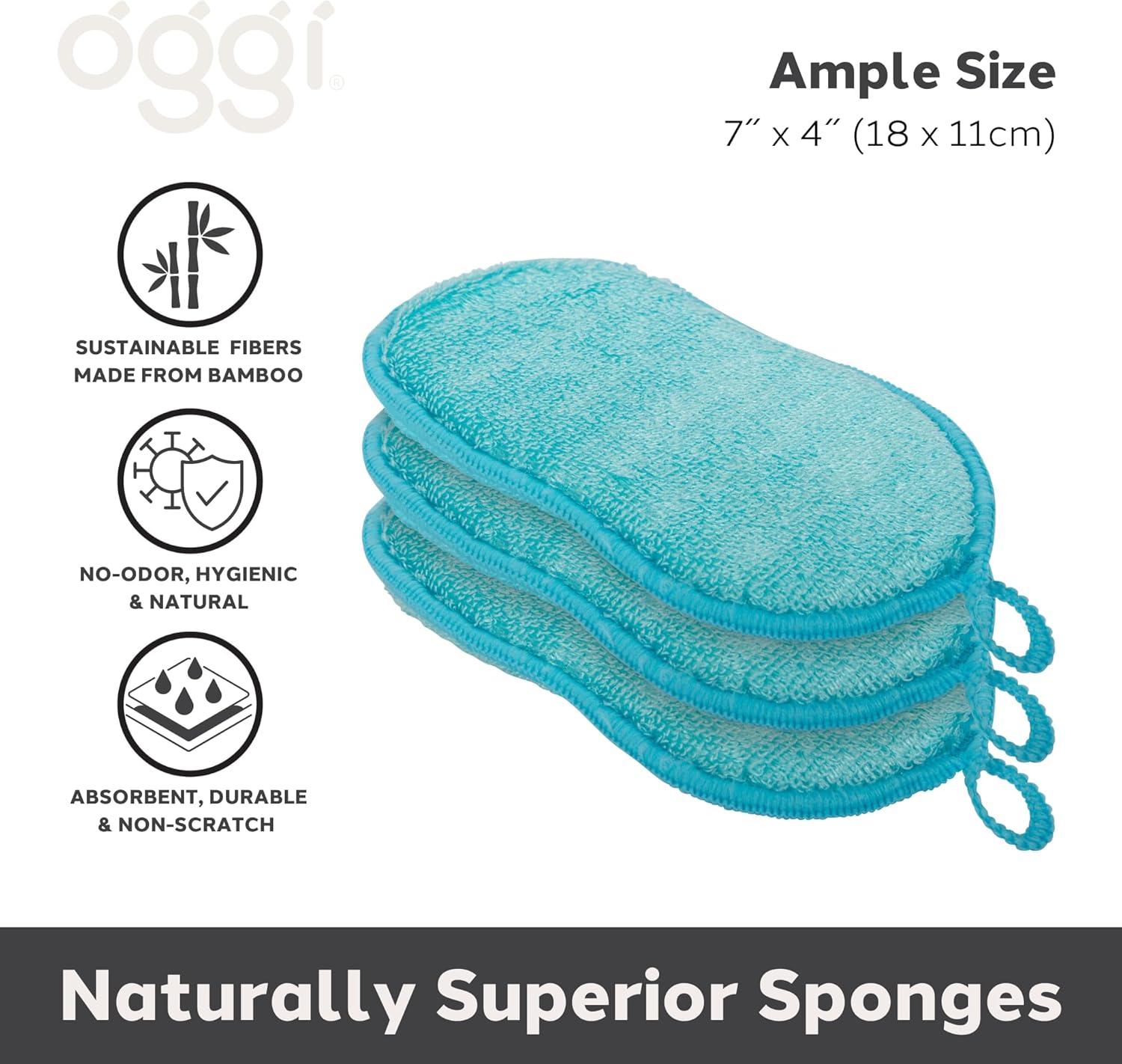 imageOGGI Bambou OdorFree Kitchen Sponges  Natural Kitchen Sponges for Dishes 91 BambooDerived Rayon Cellulose Fiber Reusable Absorbent Hygienic Durable NonScratch Washable  3 pcs 7x4Turquoise
