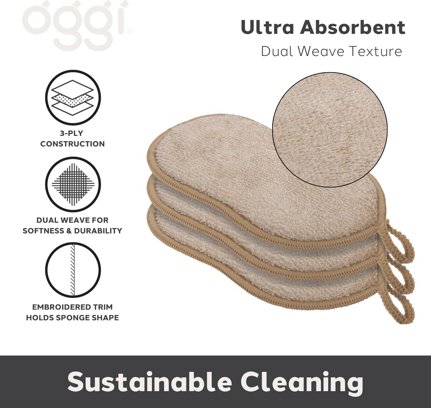 imageOGGI Bambou OdorFree Kitchen Sponges  Natural Kitchen Sponges for Dishes 91 BambooDerived Rayon Cellulose Fiber Reusable Absorbent Hygienic Durable NonScratch Washable  3 pcs 7x4Khaki