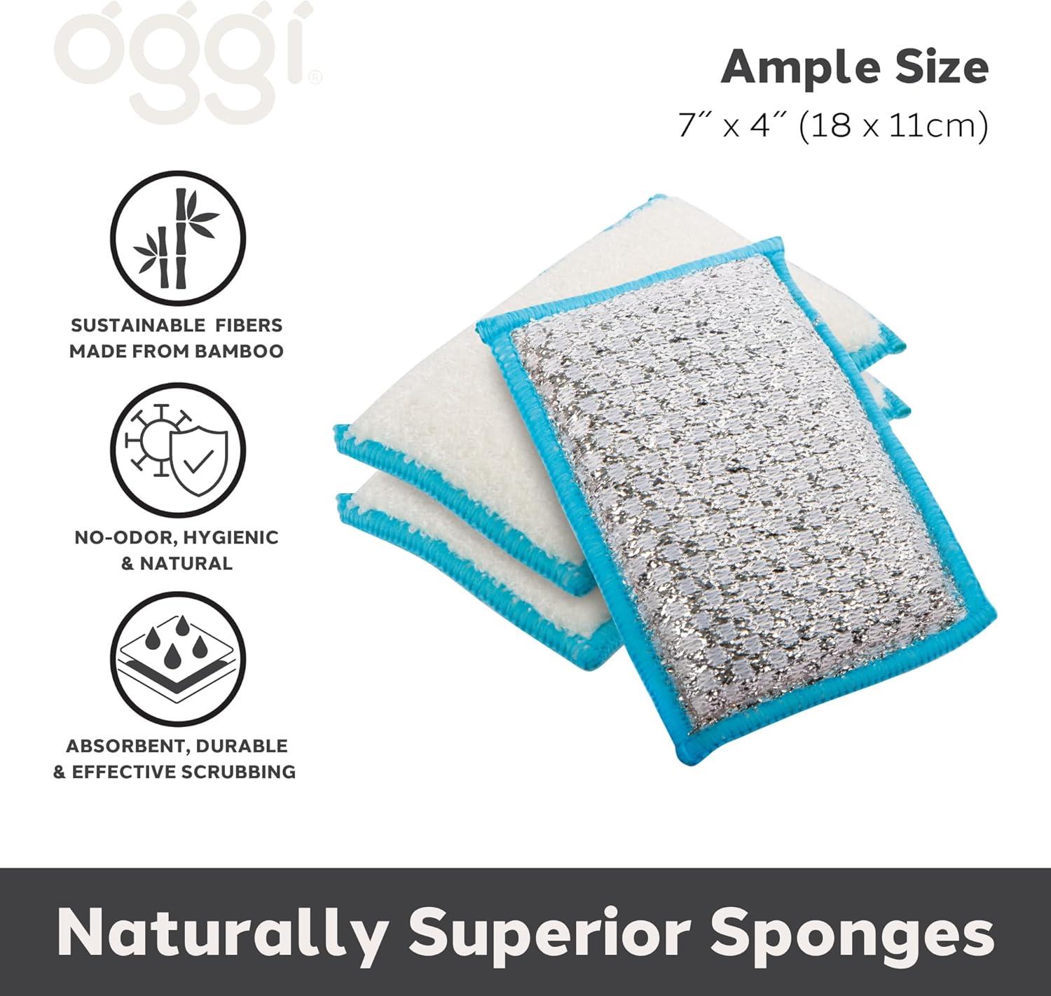 imageOGGI Bambou OdorFree Scrubbing Sponges  Natural Scrub Sponges for Dishes 91 BambooDerived Rayon Cellulose Fiber Reusable Absorbent Durable Scrubbers NonScratch Washable  3 pcs 7x4WhiteTurquoise