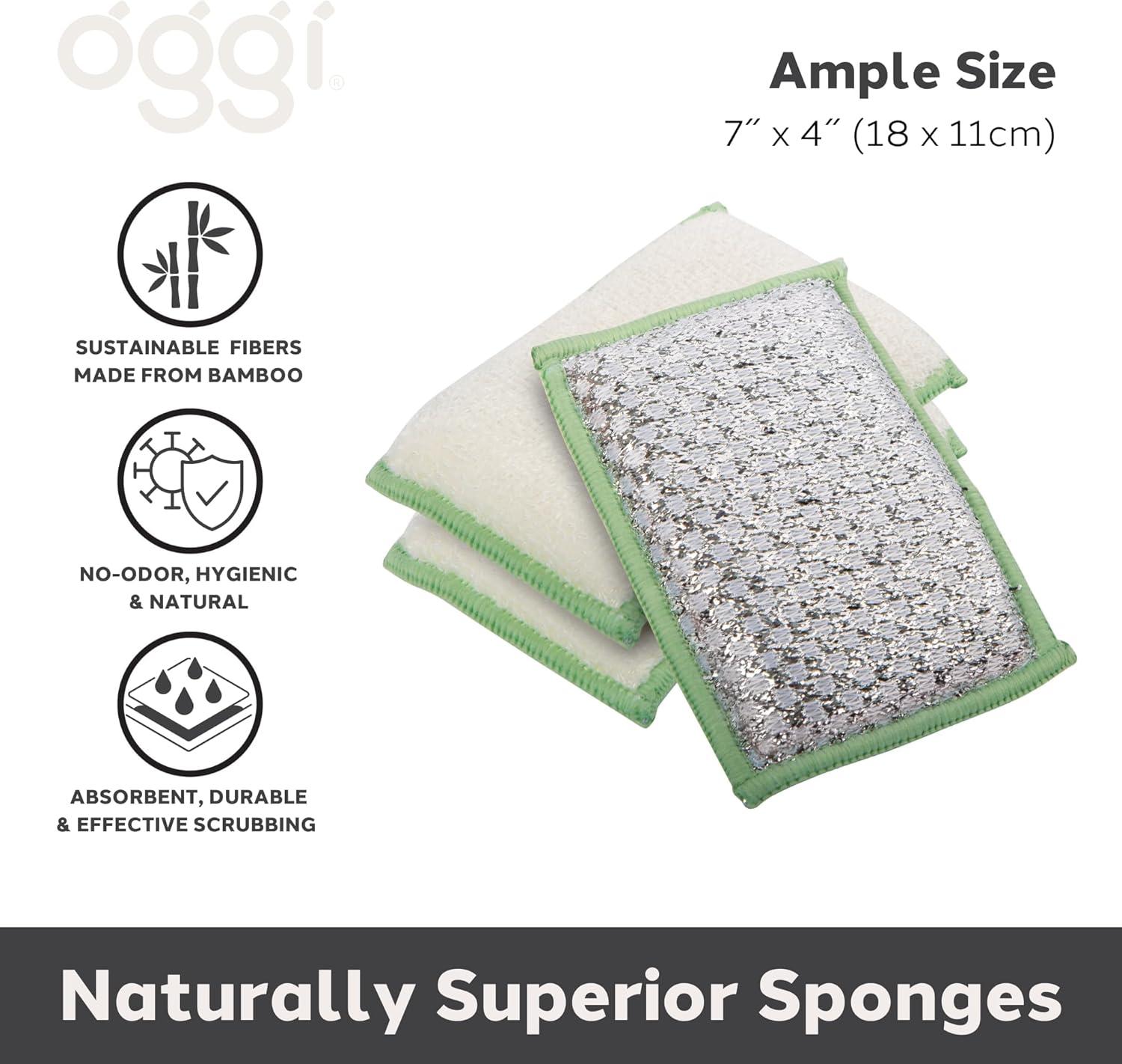 imageOGGI Bambou OdorFree Scrubbing Sponges  Natural Scrub Sponges for Dishes 91 BambooDerived Rayon Cellulose Fiber Reusable Absorbent Durable Scrubbers NonScratch Washable  3 pcs 7x4WhiteSage