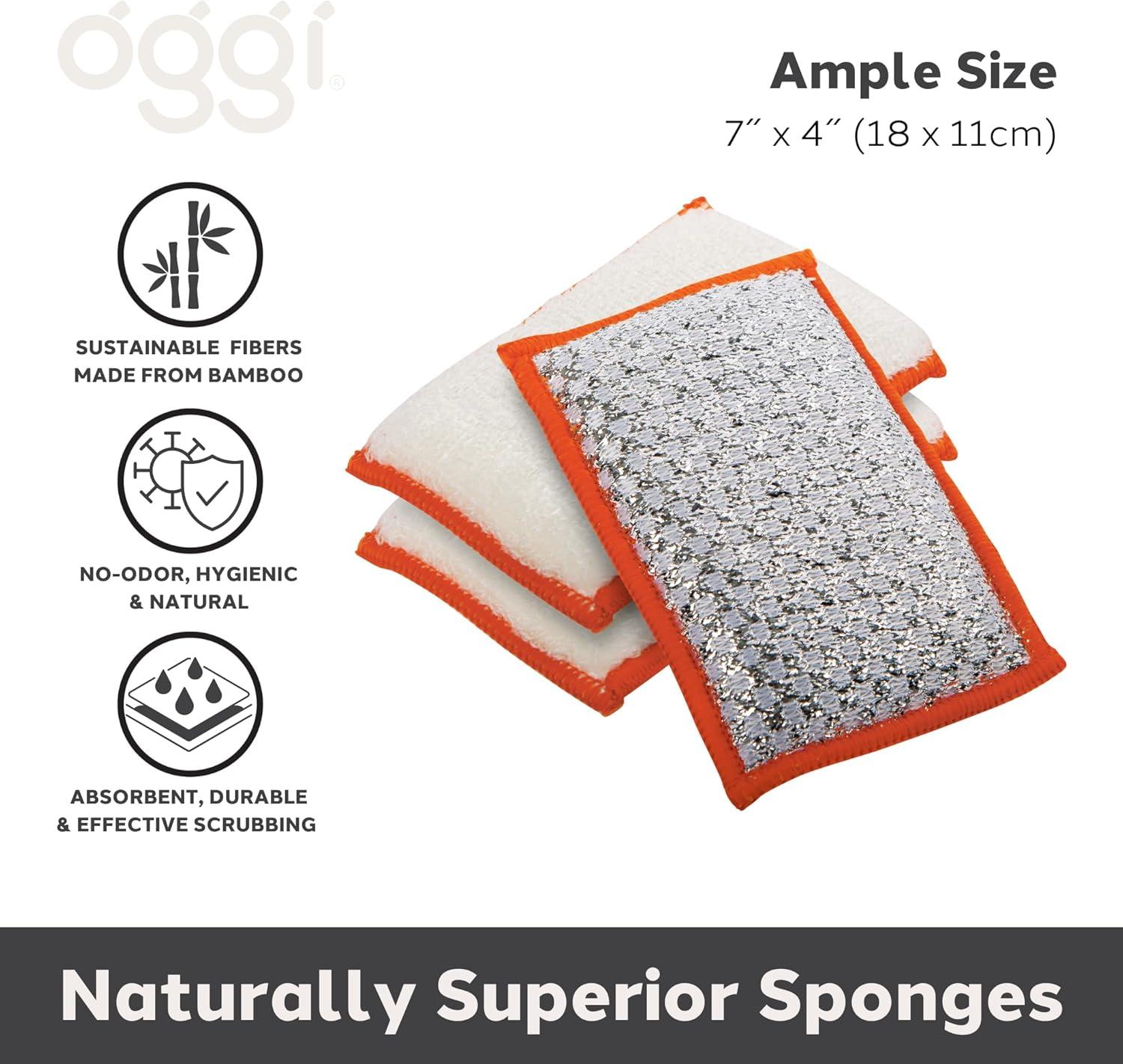 imageOGGI Bambou OdorFree Scrubbing Sponges  Natural Scrub Sponges for Dishes 91 BambooDerived Rayon Cellulose Fiber Reusable Absorbent Durable Scrubbers NonScratch Washable  3 pcs 7x4WhiteOrange