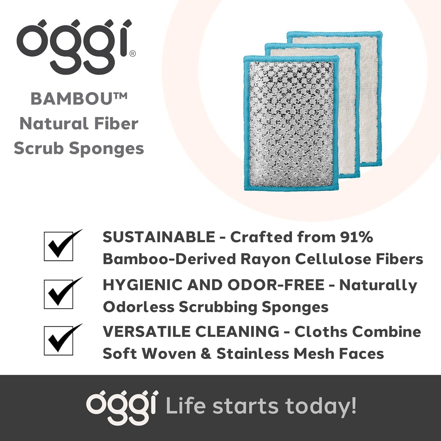 imageOGGI Bambou OdorFree Scrubbing Sponges  Natural Scrub Sponges for Dishes 91 BambooDerived Rayon Cellulose Fiber Reusable Absorbent Durable Scrubbers NonScratch Washable  3 pcs 7x4WhiteTurquoise