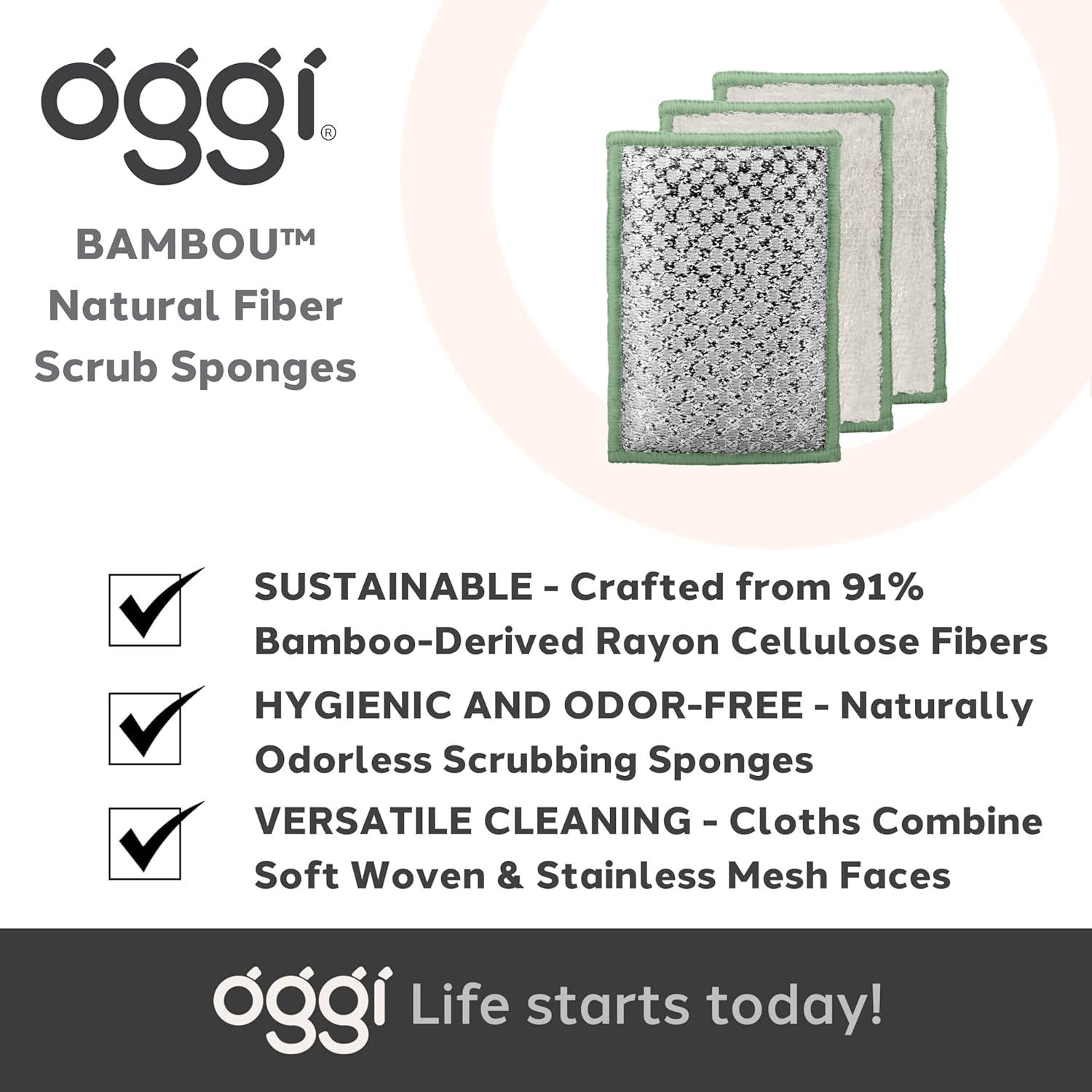 imageOGGI Bambou OdorFree Scrubbing Sponges  Natural Scrub Sponges for Dishes 91 BambooDerived Rayon Cellulose Fiber Reusable Absorbent Durable Scrubbers NonScratch Washable  3 pcs 7x4WhiteSage