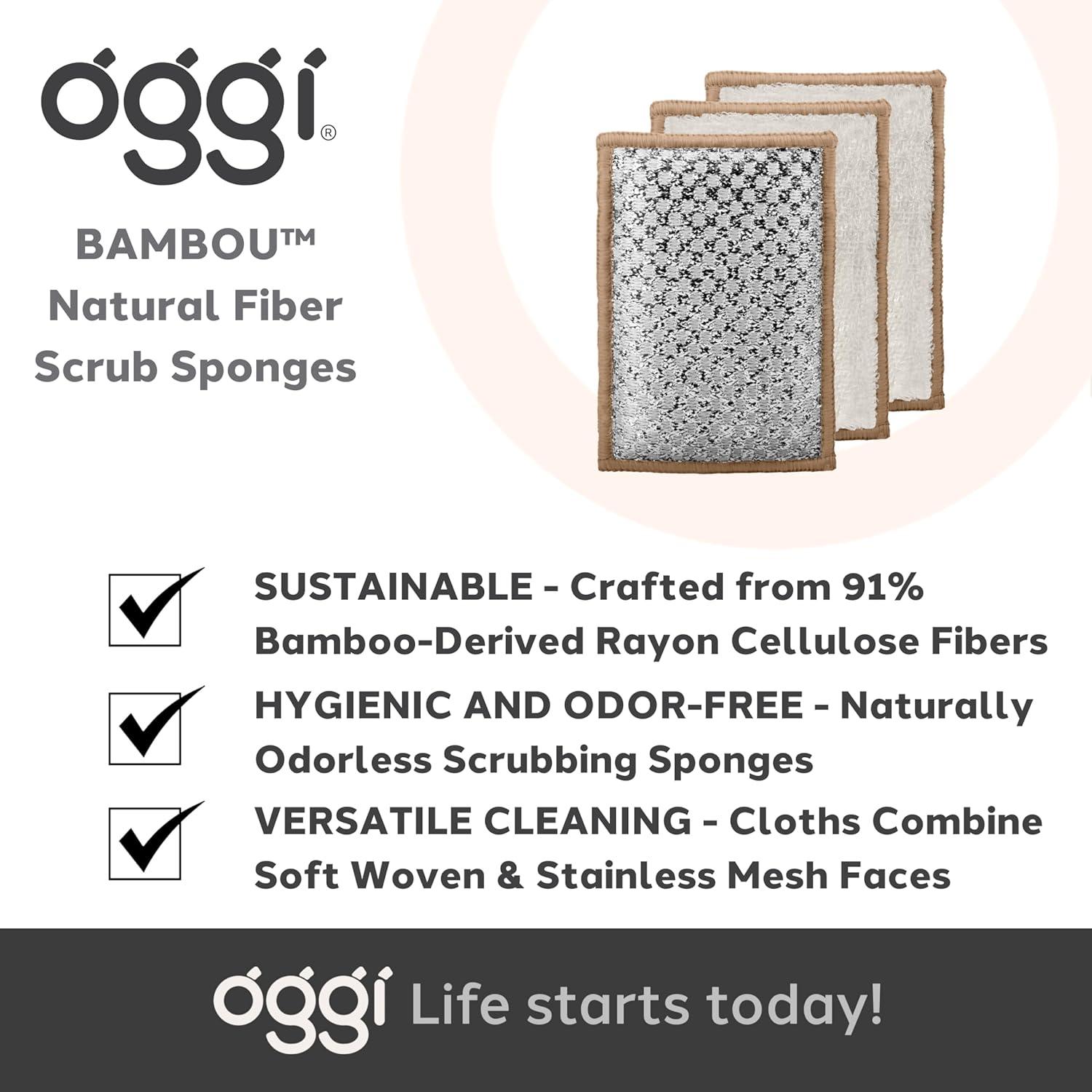 imageOGGI Bambou OdorFree Scrubbing Sponges  Natural Scrub Sponges for Dishes 91 BambooDerived Rayon Cellulose Fiber Reusable Absorbent Durable Scrubbers NonScratch Washable  3 pcs 7x4WhiteKhaki