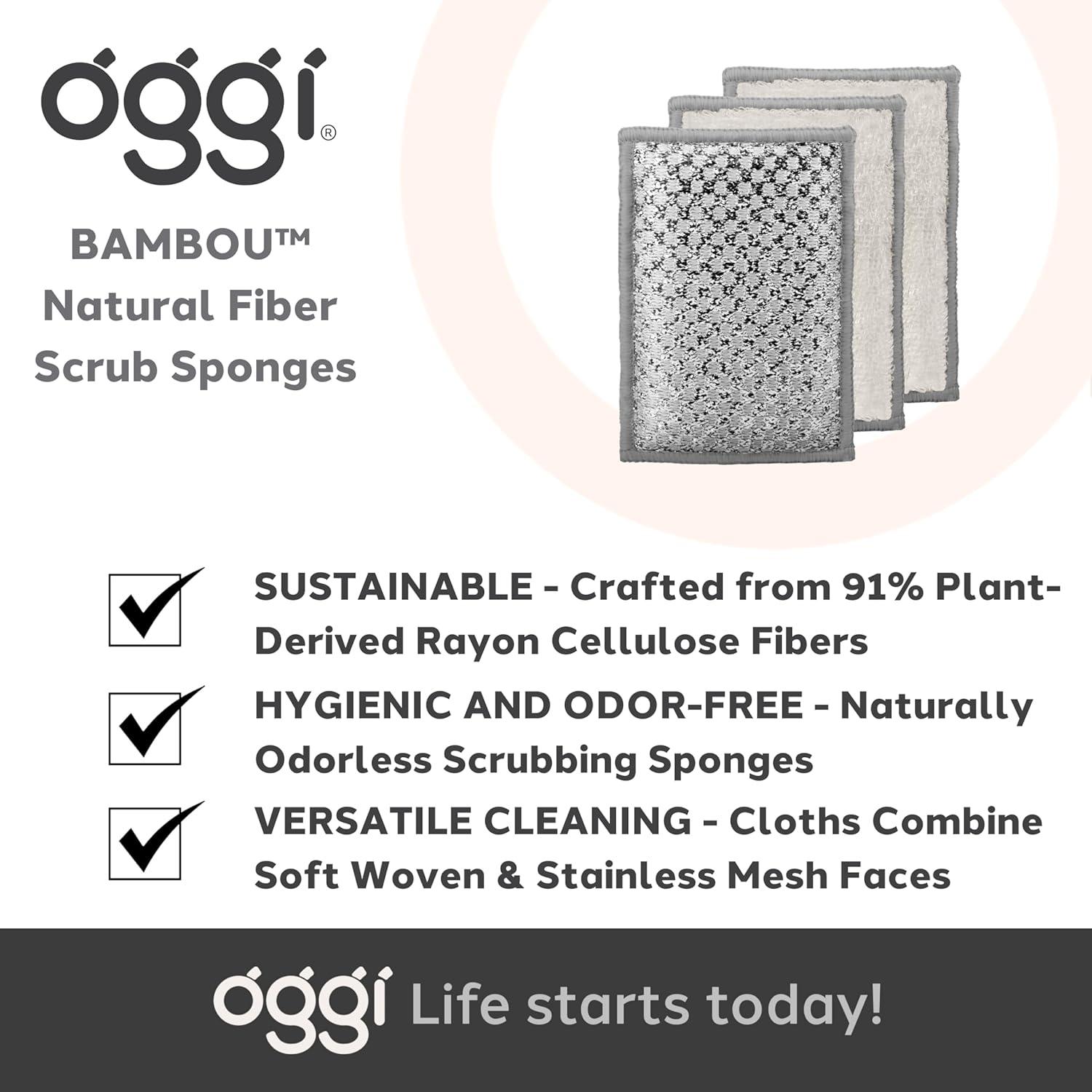 imageOGGI Bambou OdorFree Scrubbing Sponges  Natural Scrub Sponges for Dishes 91 BambooDerived Rayon Cellulose Fiber Reusable Absorbent Durable Scrubbers NonScratch Washable  3 pcs 7x4WhiteGray