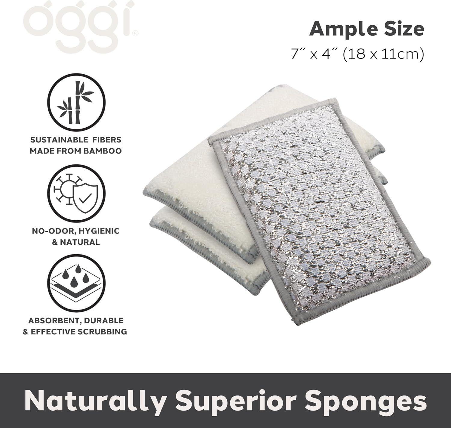 imageOGGI Bambou OdorFree Scrubbing Sponges  Natural Scrub Sponges for Dishes 91 BambooDerived Rayon Cellulose Fiber Reusable Absorbent Durable Scrubbers NonScratch Washable  3 pcs 7x4WhiteGray