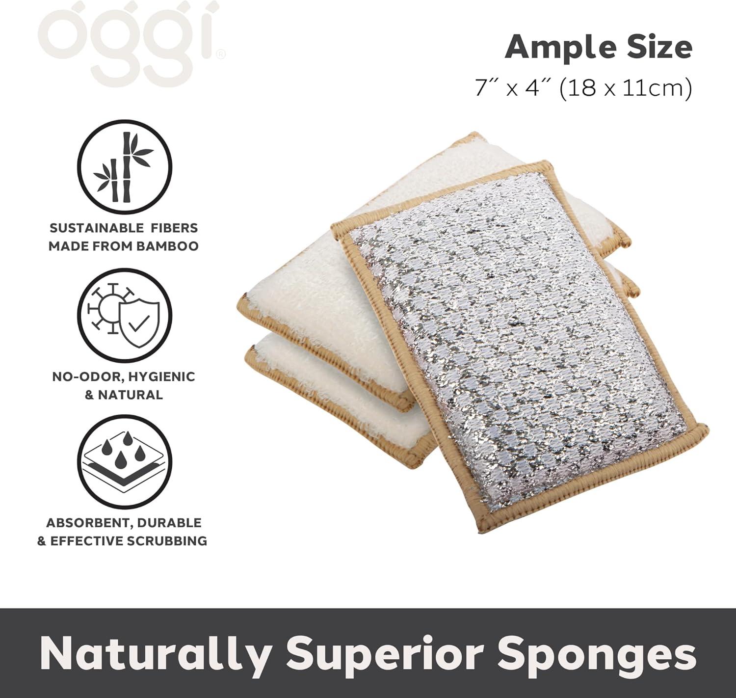 imageOGGI Bambou OdorFree Scrubbing Sponges  Natural Scrub Sponges for Dishes 91 BambooDerived Rayon Cellulose Fiber Reusable Absorbent Durable Scrubbers NonScratch Washable  3 pcs 7x4WhiteKhaki