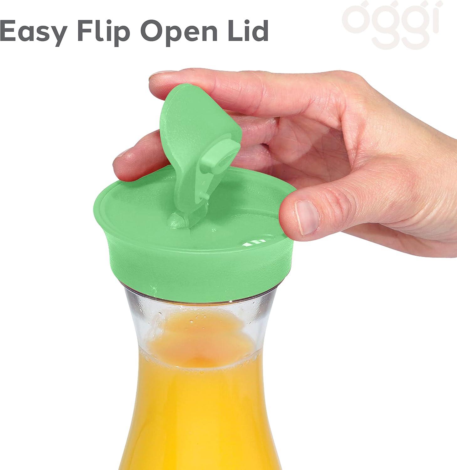 imageOGGI Clear Carafe wFlip Open Lid  Ideal Juice Bottle Clear Pitcher with Lid Tea Pitcher Water Carafe 16 Lt54Oz AquaClear  Green Lid