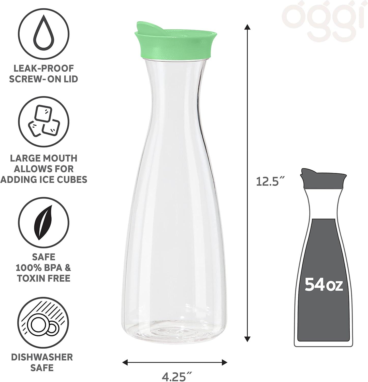 imageOGGI Clear Carafe wFlip Open Lid  Ideal Juice Bottle Clear Pitcher with Lid Tea Pitcher Water Carafe 16 Lt54Oz AquaClear  Green Lid