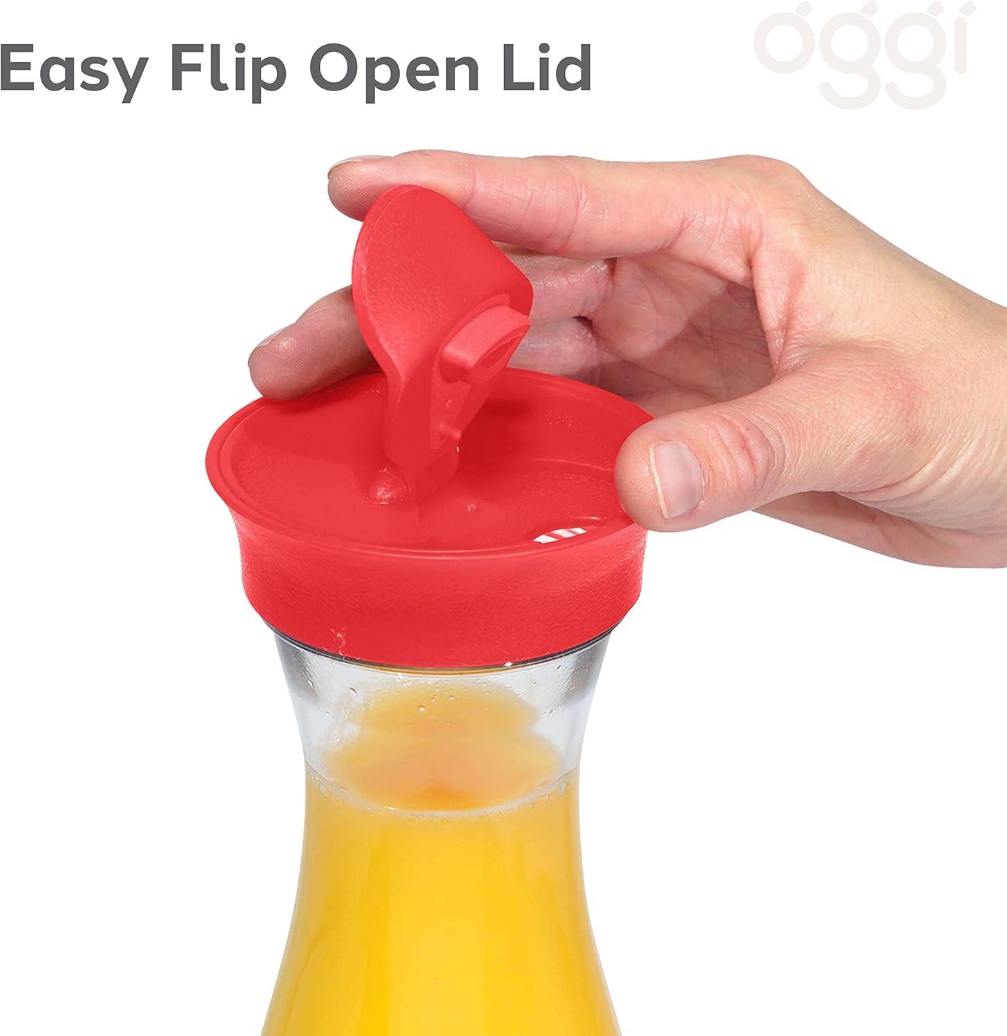 imageOGGI Clear Carafe wFlip Open Lid  Ideal Juice Bottle Clear Pitcher with Lid Tea Pitcher Water Carafe 16 Lt54Oz AquaClear  Red Lid