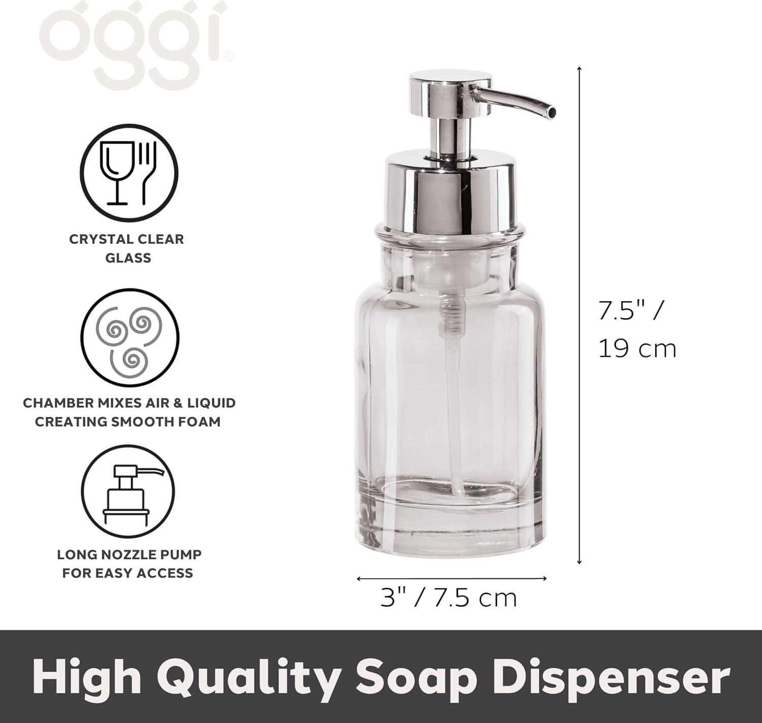imageOGGI Glass Foaming Soap Dispenser  10oz Capacity Round Heavy Glass  Stylish Refillable Foaming Hand Soap Dispenser for Bathroom and Kitchen GrayChromeClear
