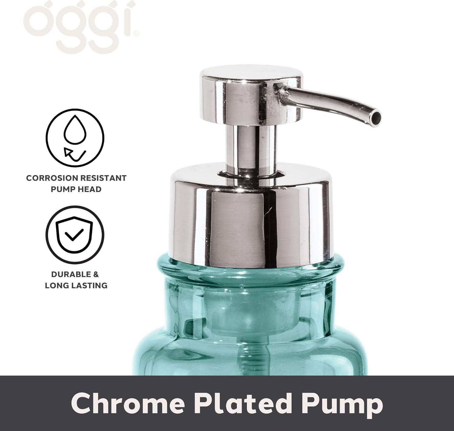 imageOGGI Glass Foaming Soap Dispenser  10oz Capacity Round Heavy Glass  Stylish Refillable Foaming Hand Soap Dispenser for Bathroom and Kitchen GrayChromeAqua
