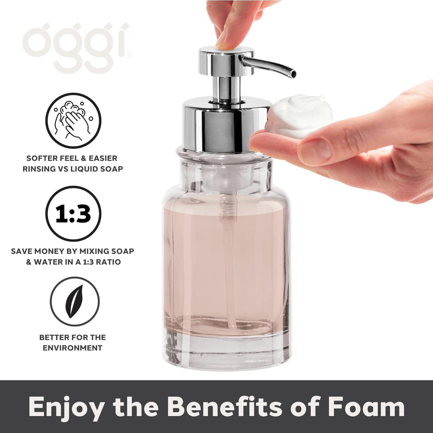 imageOGGI Glass Foaming Soap Dispenser  10oz Capacity Round Heavy Glass  Stylish Refillable Foaming Hand Soap Dispenser for Bathroom and Kitchen GrayChromeClear
