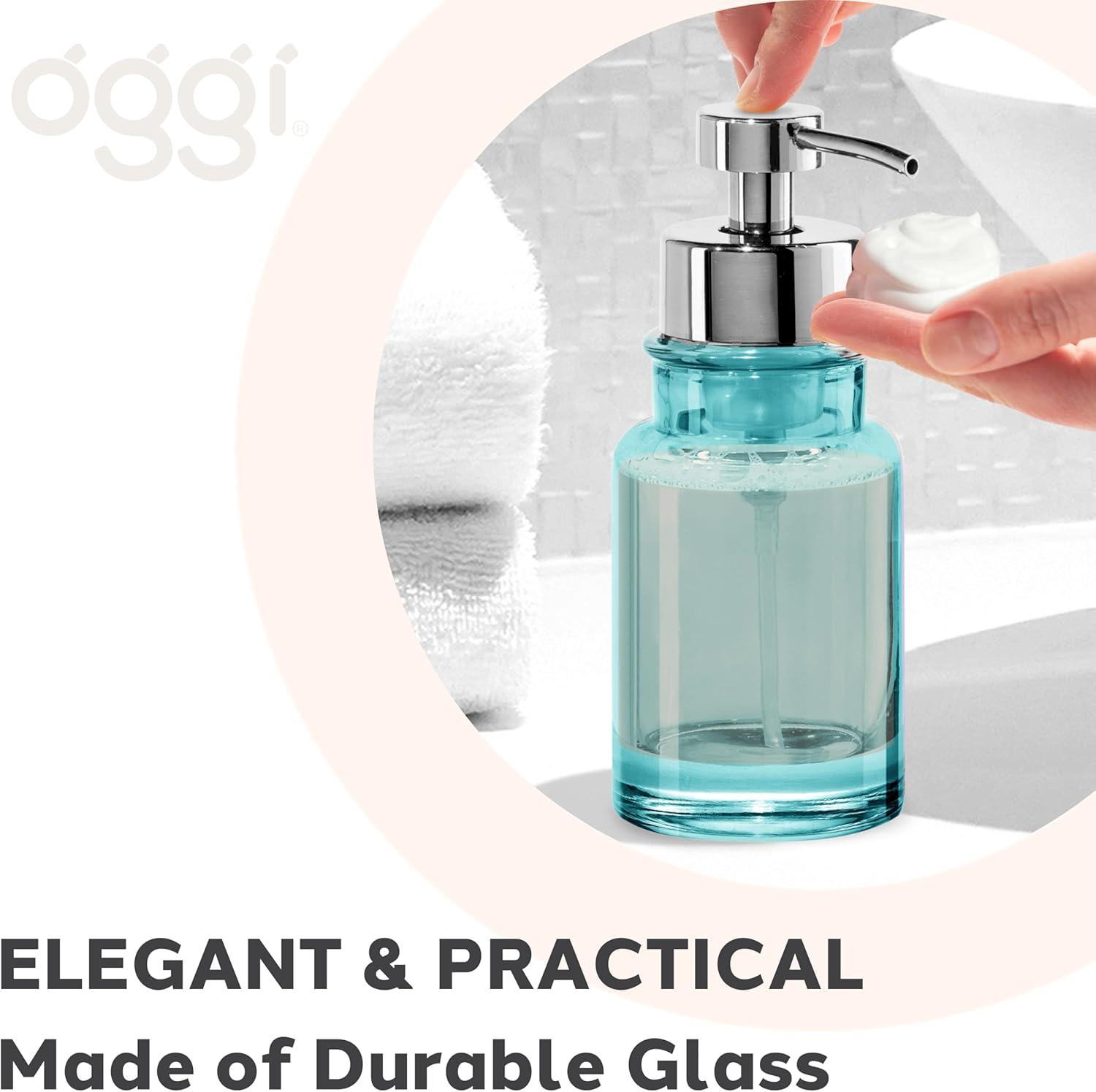 imageOGGI Glass Foaming Soap Dispenser  10oz Capacity Round Heavy Glass  Stylish Refillable Foaming Hand Soap Dispenser for Bathroom and Kitchen GrayChromeAqua