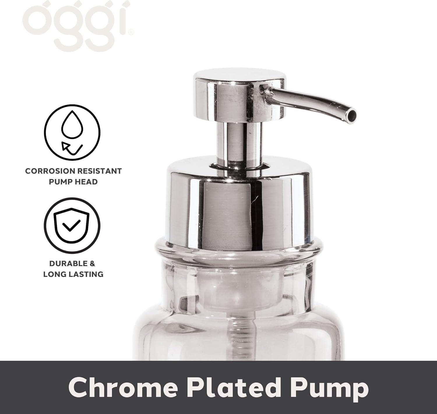 imageOGGI Glass Foaming Soap Dispenser  10oz Capacity Round Heavy Glass  Stylish Refillable Foaming Hand Soap Dispenser for Bathroom and Kitchen GrayChromeClear
