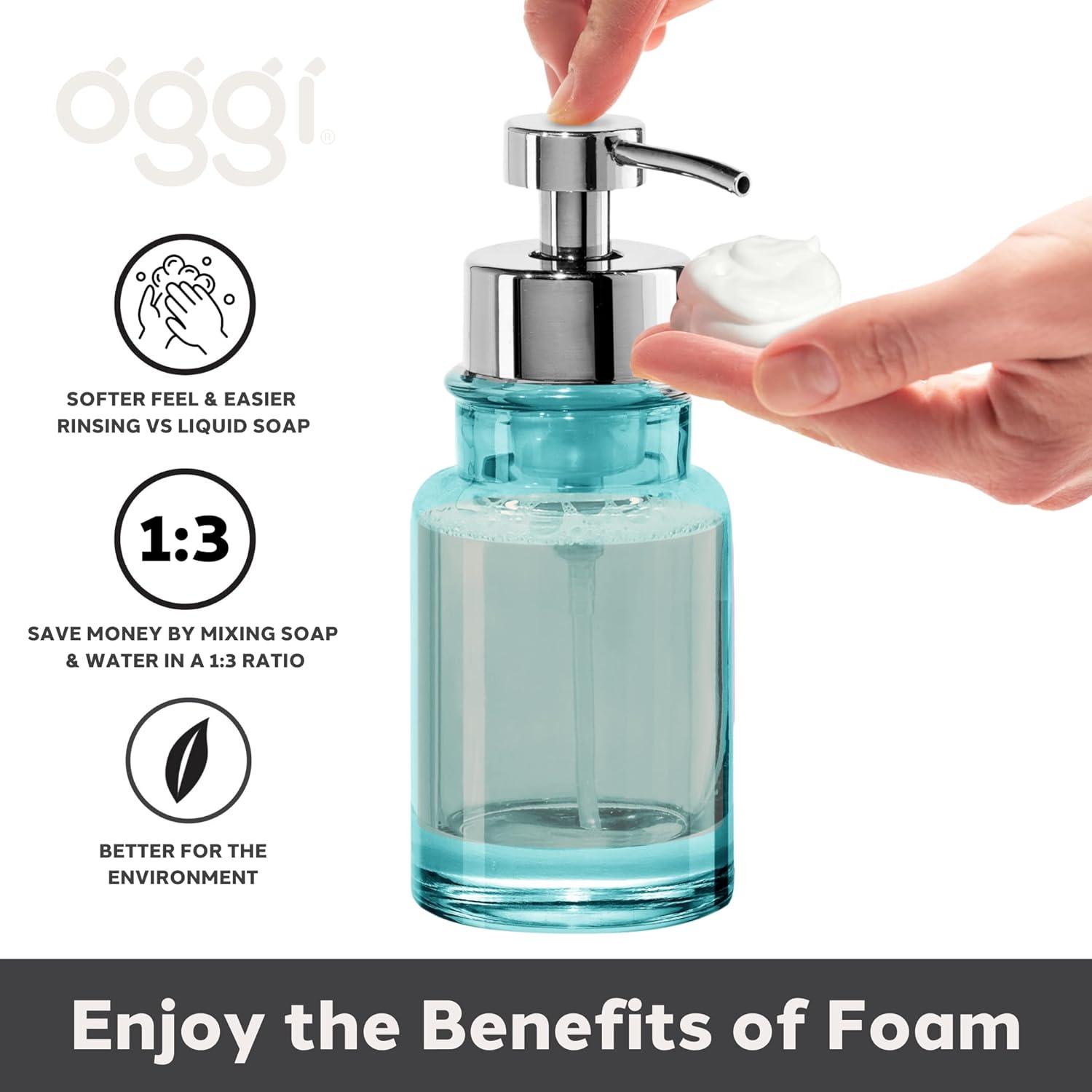 imageOGGI Glass Foaming Soap Dispenser  10oz Capacity Round Heavy Glass  Stylish Refillable Foaming Hand Soap Dispenser for Bathroom and Kitchen GrayChromeAqua