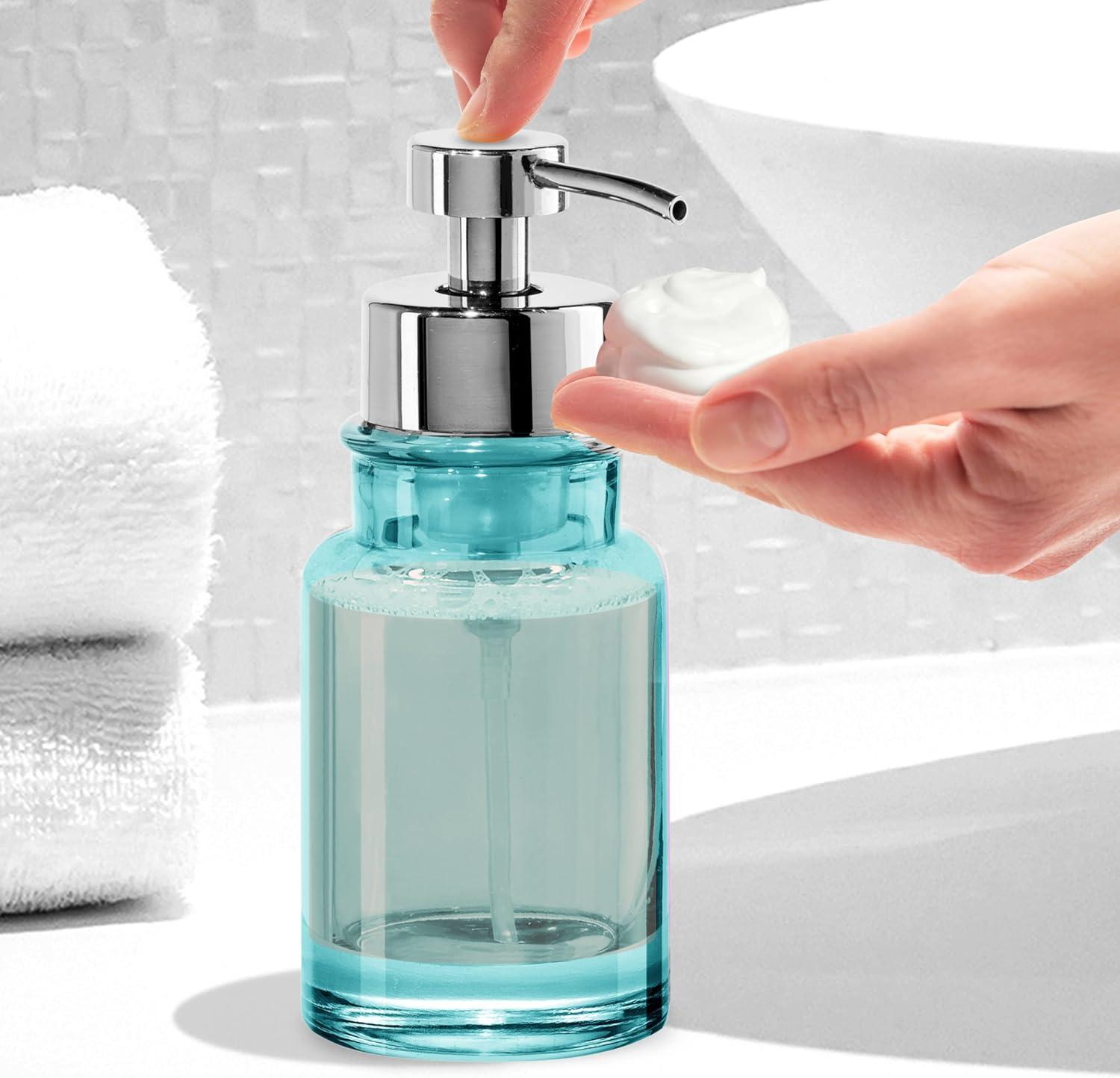 imageOGGI Glass Foaming Soap Dispenser  10oz Capacity Round Heavy Glass  Stylish Refillable Foaming Hand Soap Dispenser for Bathroom and Kitchen GrayChromeAqua