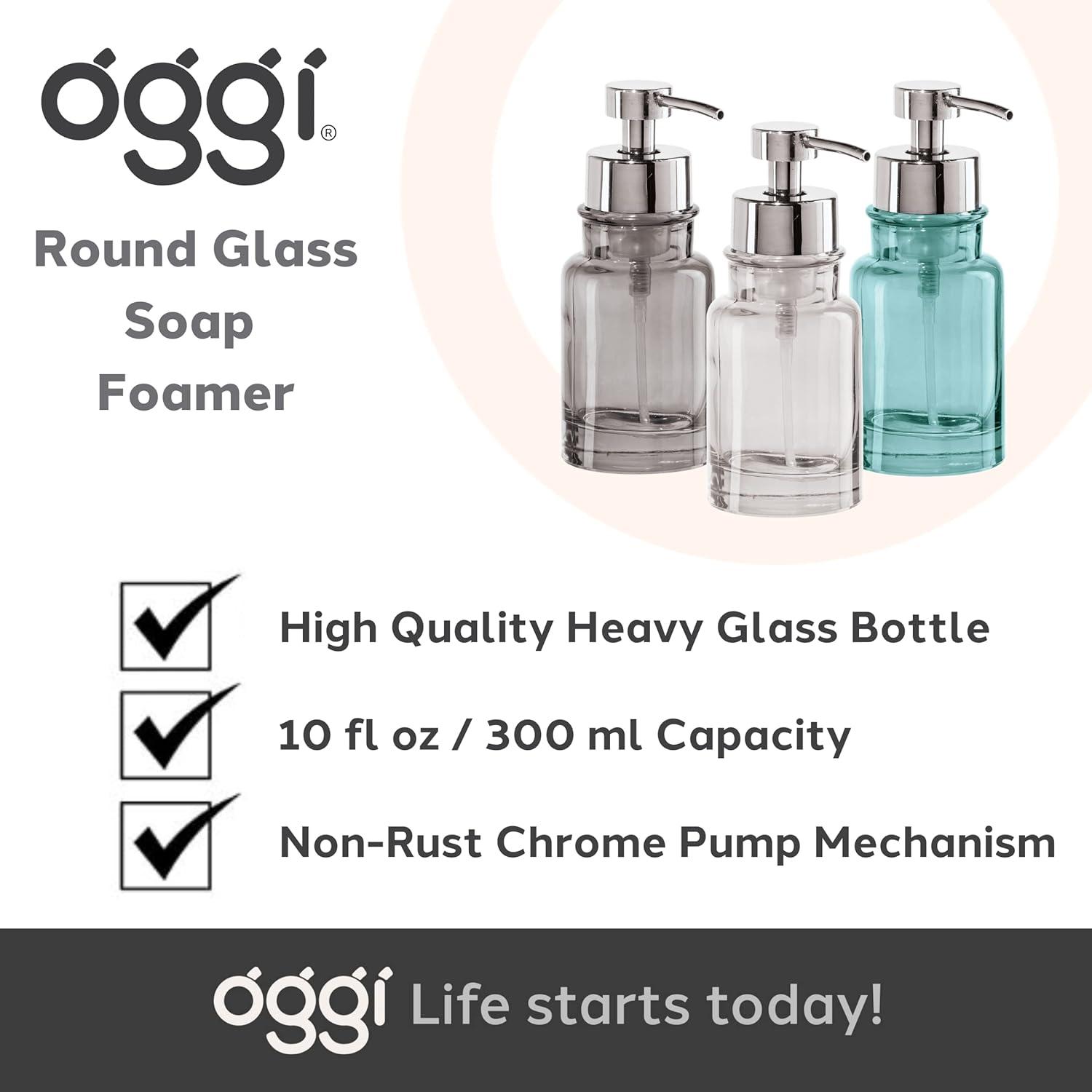 imageOGGI Glass Foaming Soap Dispenser  10oz Capacity Round Heavy Glass  Stylish Refillable Foaming Hand Soap Dispenser for Bathroom and Kitchen GrayChromeAqua
