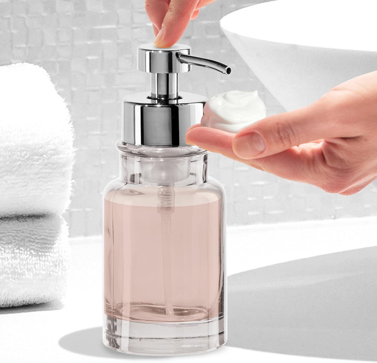 imageOGGI Glass Foaming Soap Dispenser  10oz Capacity Round Heavy Glass  Stylish Refillable Foaming Hand Soap Dispenser for Bathroom and Kitchen GrayChromeClear