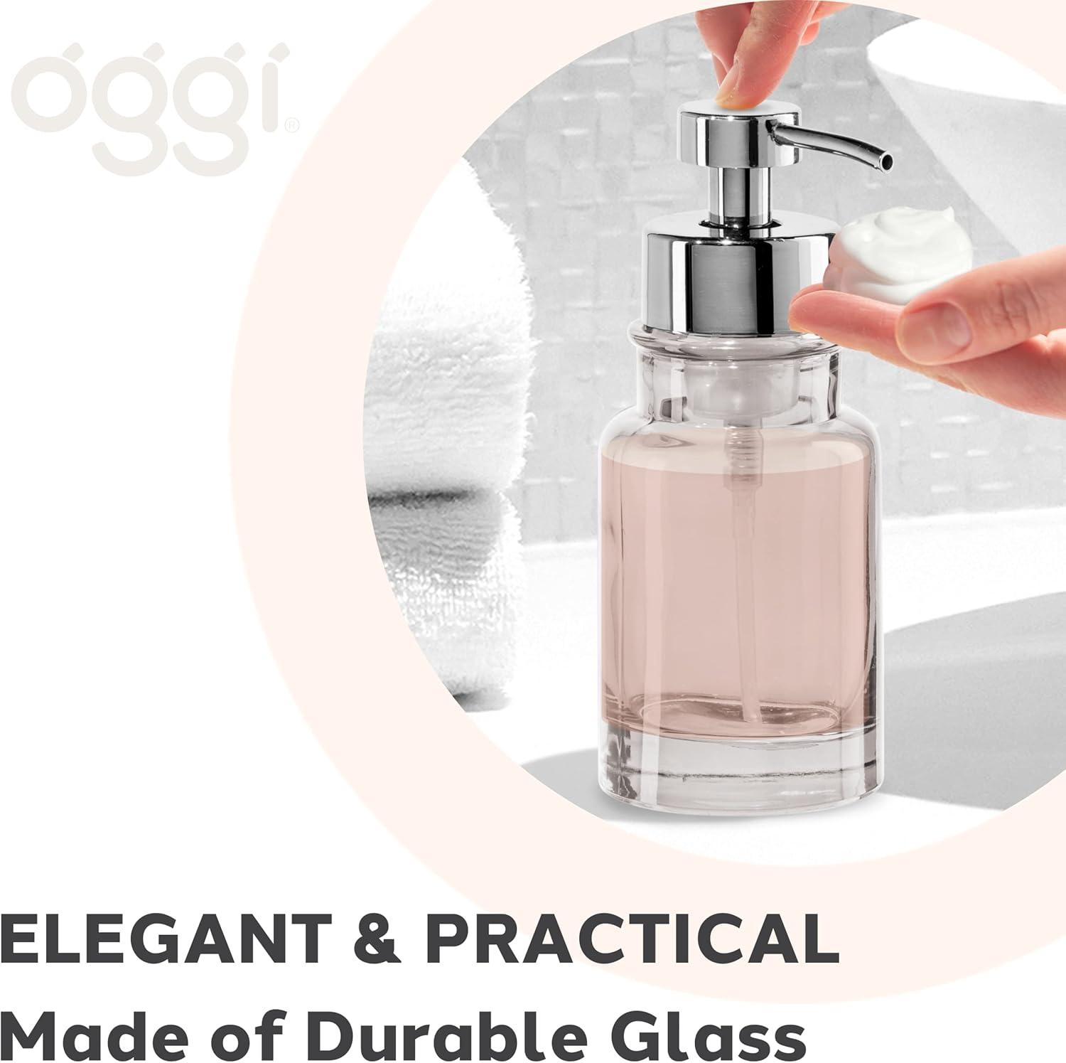 imageOGGI Glass Foaming Soap Dispenser  10oz Capacity Round Heavy Glass  Stylish Refillable Foaming Hand Soap Dispenser for Bathroom and Kitchen GrayChromeClear