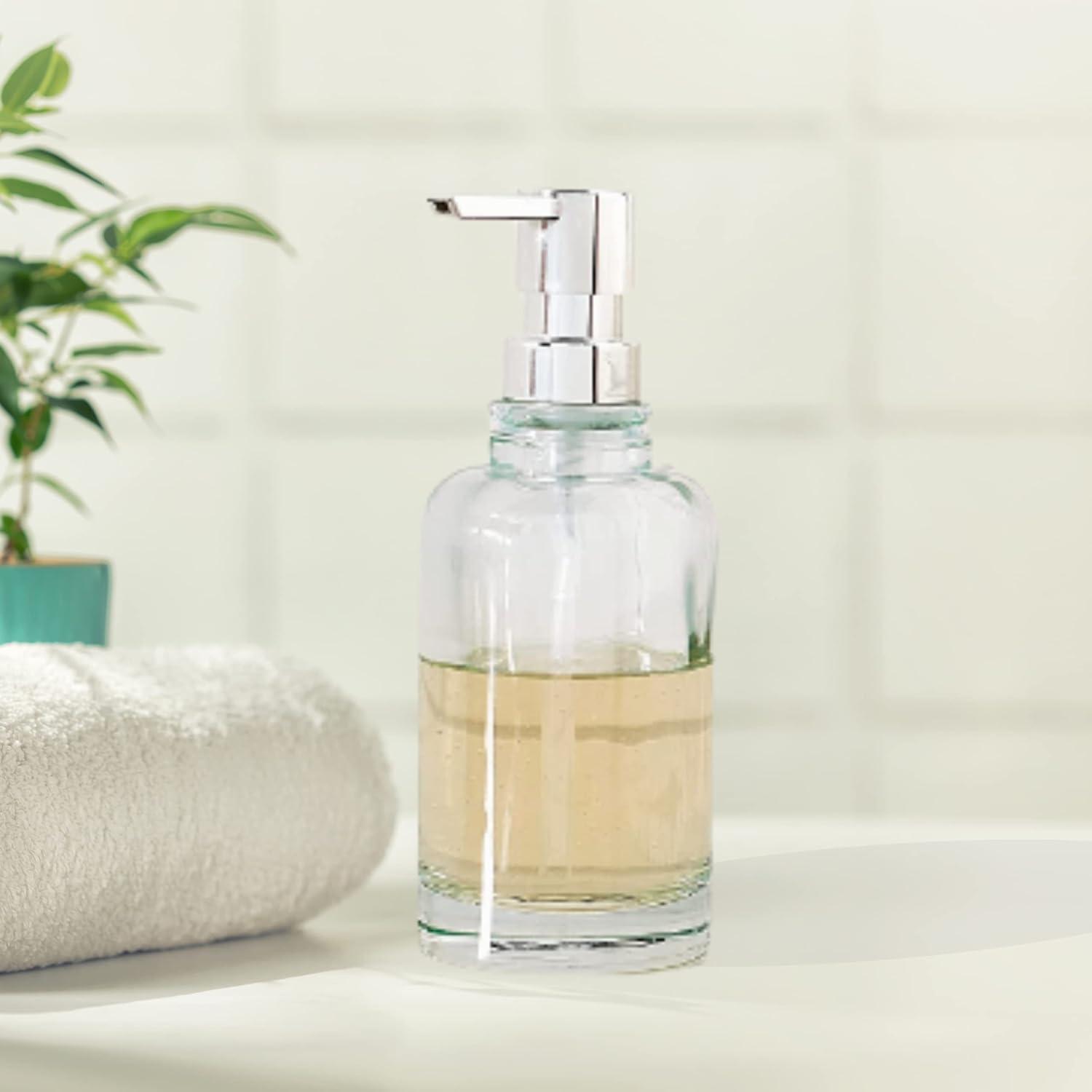 imageOggi 12oz Round Glass Lotion and Soap Dispenser for Kitchen or BathSmokeAqua