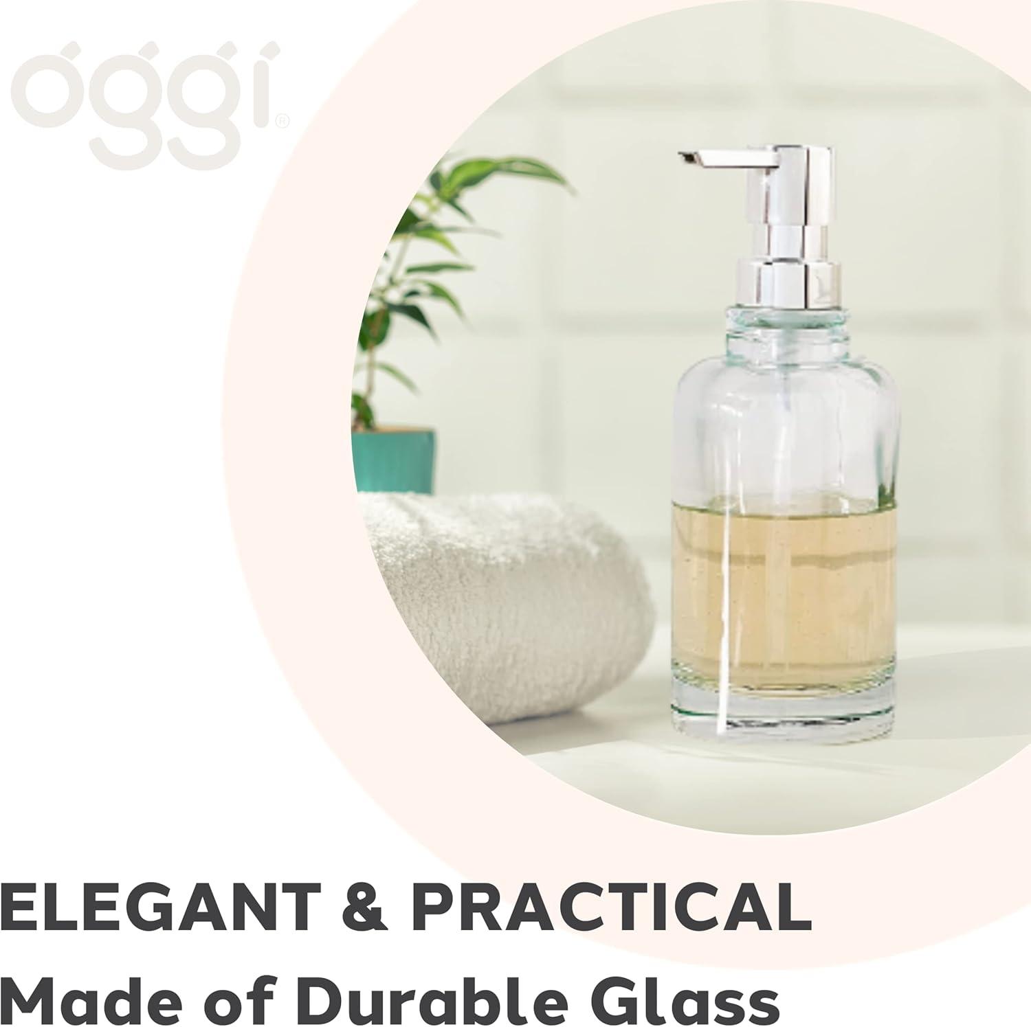 imageOggi 12oz Round Glass Lotion and Soap Dispenser for Kitchen or BathSmokeAqua