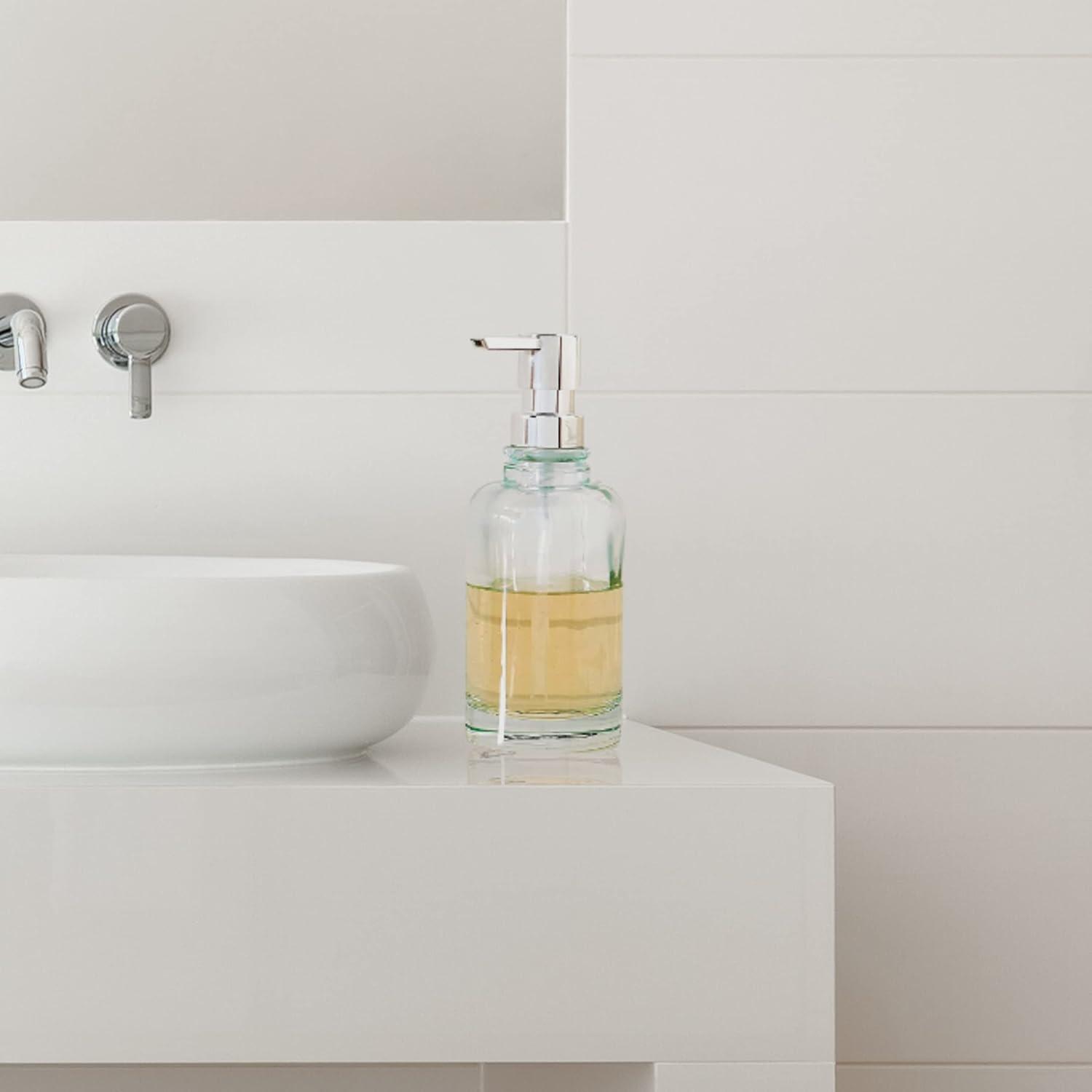 imageOggi 12oz Round Glass Lotion and Soap Dispenser for Kitchen or BathSmokeAqua