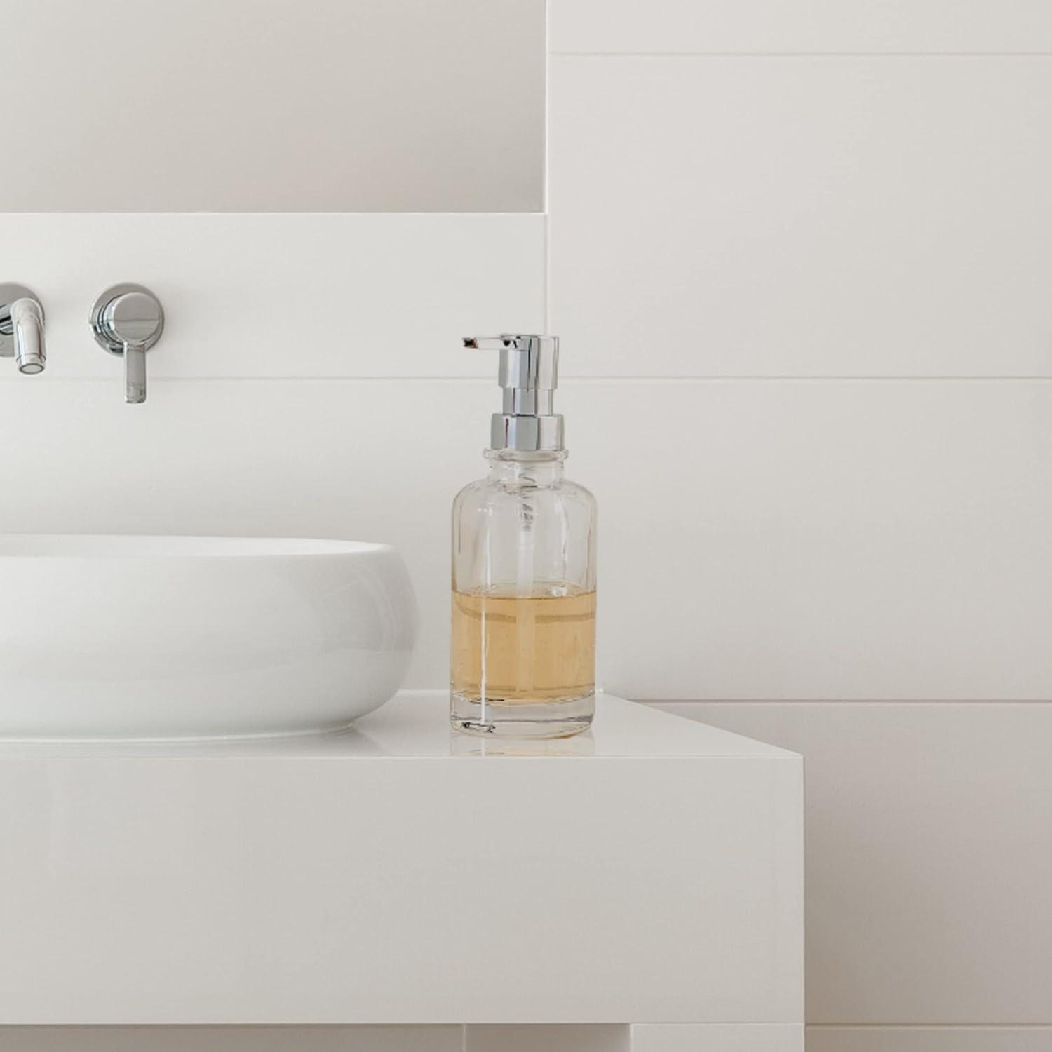 imageOggi 12oz Round Glass Lotion and Soap Dispenser for Kitchen or BathSmokeClear  Chrome