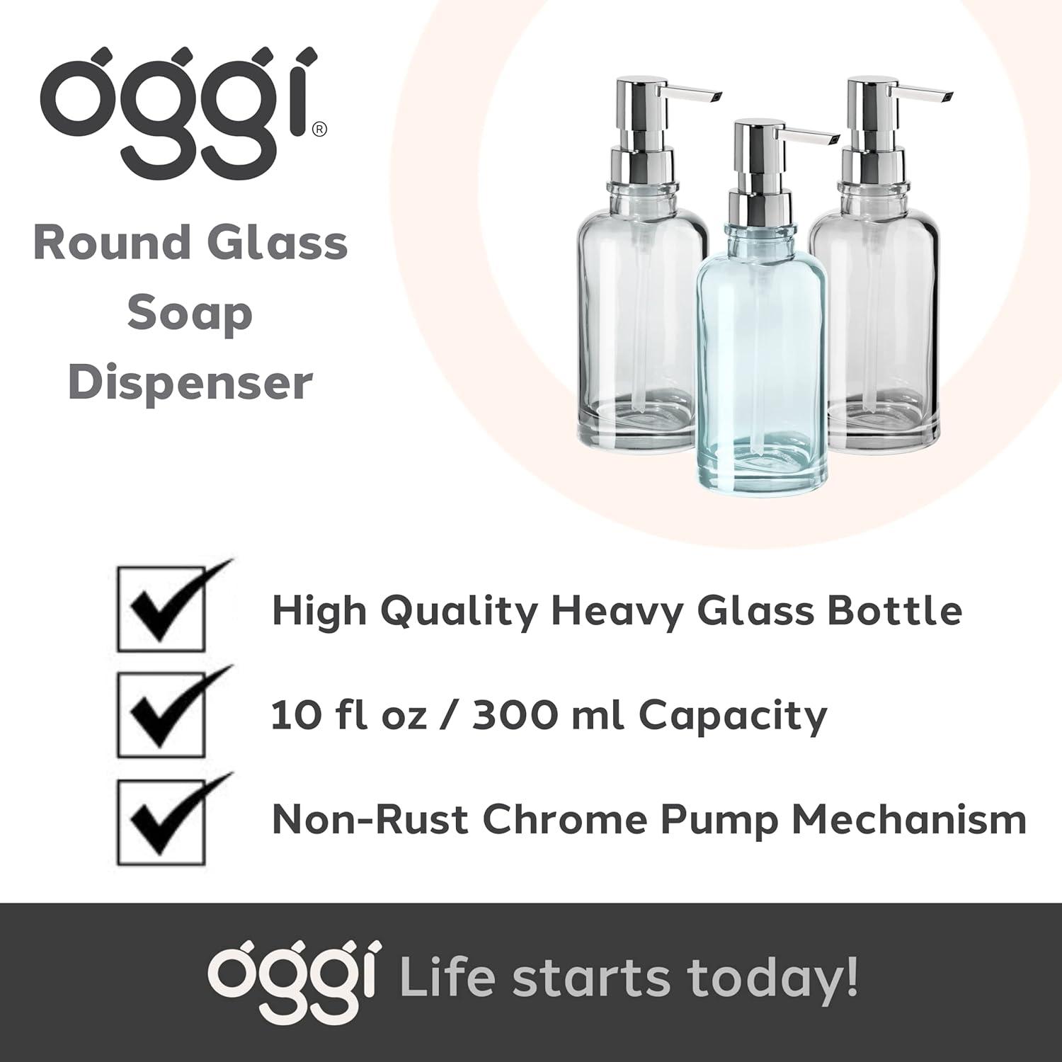 imageOggi 12oz Round Glass Lotion and Soap Dispenser for Kitchen or BathSmokeClear  Chrome