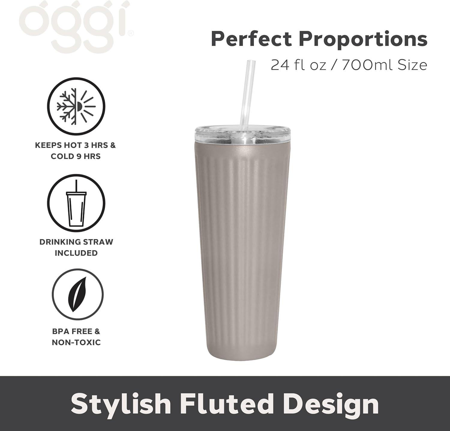 imageOggi 24oz Vacuum Insulated Fluted Tumbler with Straw  Stainless Steel Travel Coffee Mug Cute Adult Sippy Cup with Lid  Hot ampamp Cold Beverage Gift Car Cup Holder Friendly BlushGray