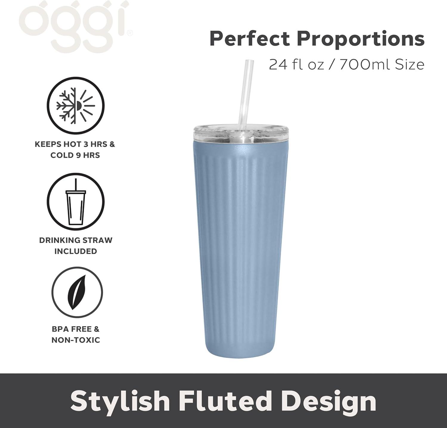 imageOggi 24oz Vacuum Insulated Fluted Tumbler with Straw  Stainless Steel Travel Coffee Mug Cute Adult Sippy Cup with Lid  Hot ampamp Cold Beverage Gift Car Cup Holder Friendly BlushBlue