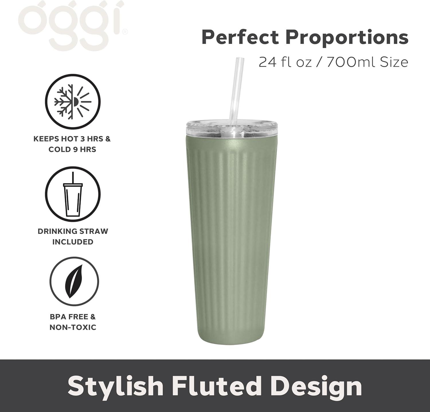 imageOggi 24oz Vacuum Insulated Fluted Tumbler with Straw  Stainless Steel Travel Coffee Mug Cute Adult Sippy Cup with Lid  Hot ampamp Cold Beverage Gift Car Cup Holder Friendly BlushGreen