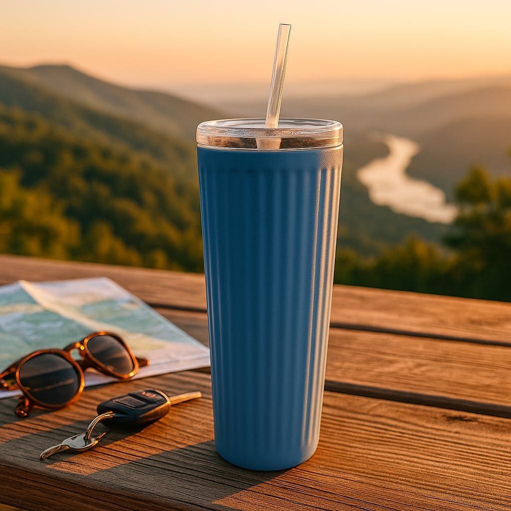 imageOggi 24oz Vacuum Insulated Fluted Tumbler with Straw  Stainless Steel Travel Coffee Mug Cute Adult Sippy Cup with Lid  Hot ampamp Cold Beverage Gift Car Cup Holder Friendly BlushBlush
