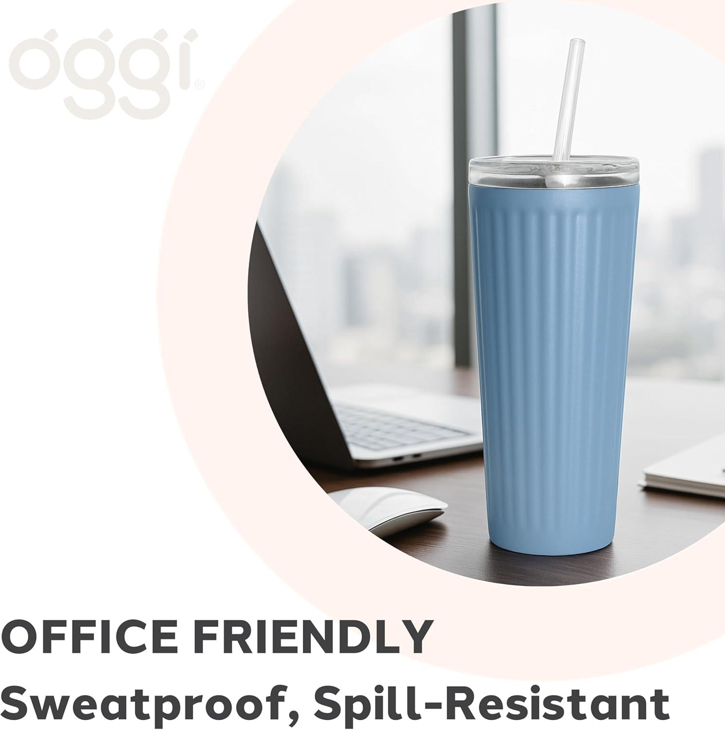 imageOggi 24oz Vacuum Insulated Fluted Tumbler with Straw  Stainless Steel Travel Coffee Mug Cute Adult Sippy Cup with Lid  Hot ampamp Cold Beverage Gift Car Cup Holder Friendly BlushGray