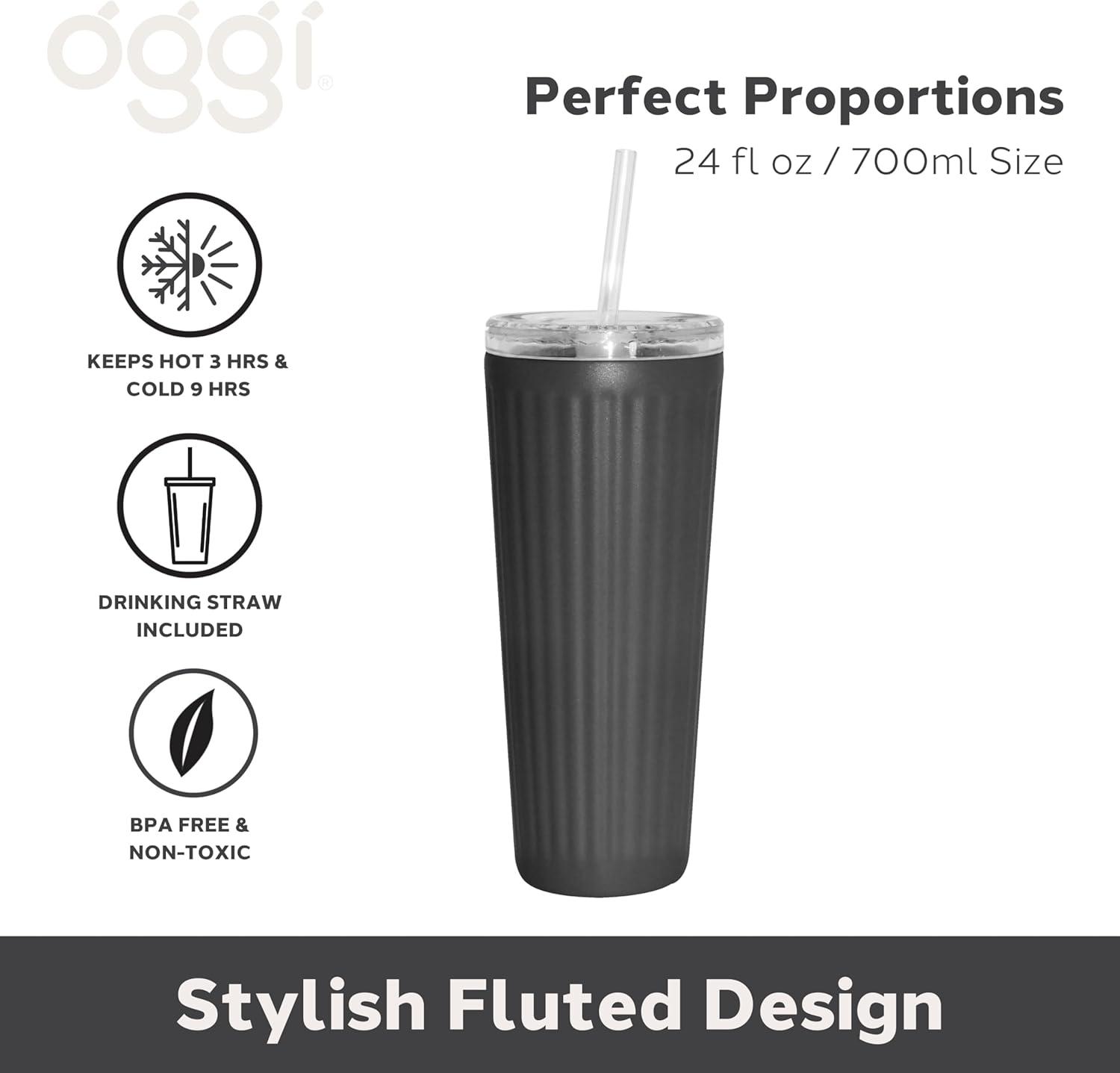 imageOggi 24oz Vacuum Insulated Fluted Tumbler with Straw  Stainless Steel Travel Coffee Mug Cute Adult Sippy Cup with Lid  Hot ampamp Cold Beverage Gift Car Cup Holder Friendly BlushBlack