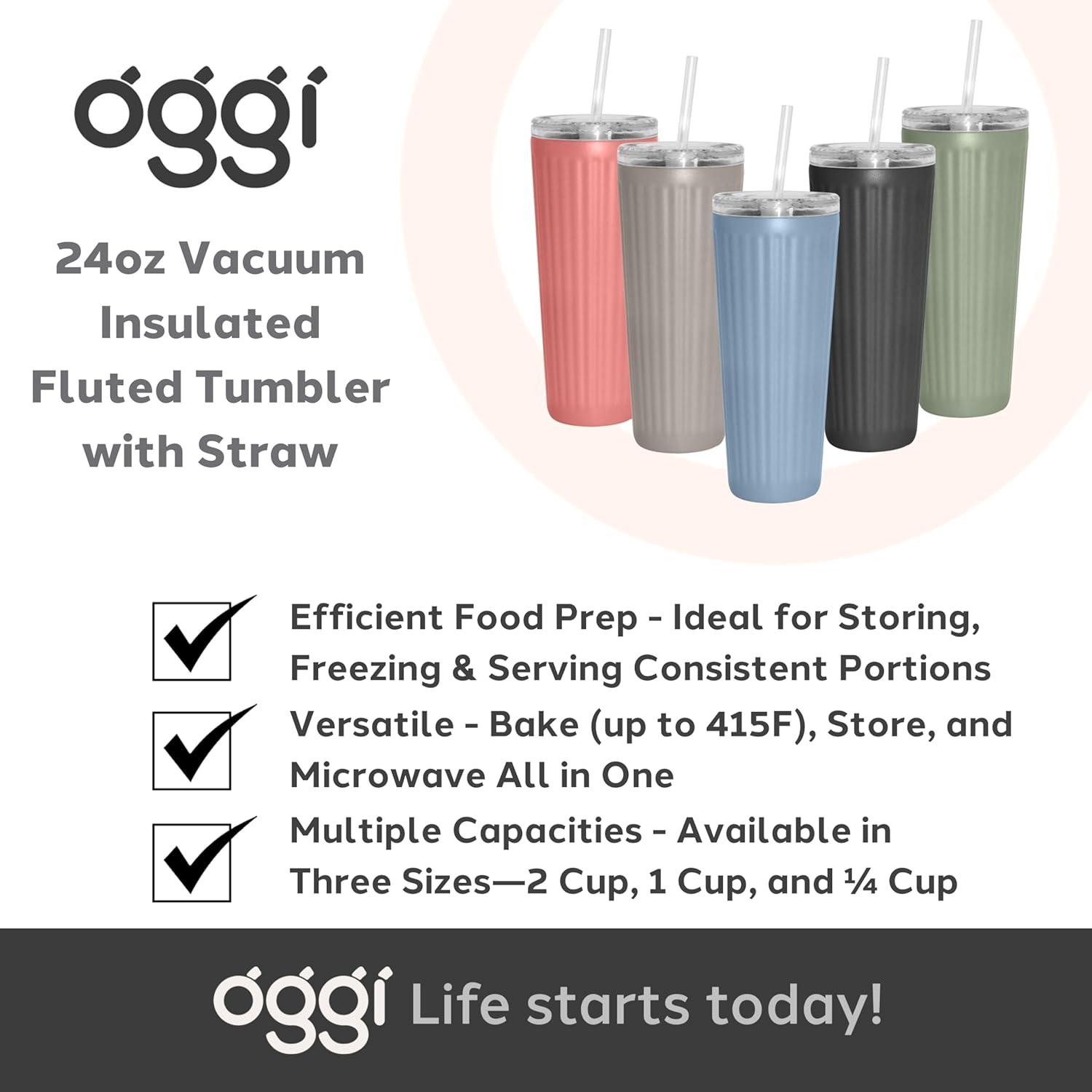 imageOggi 24oz Vacuum Insulated Fluted Tumbler with Straw  Stainless Steel Travel Coffee Mug Cute Adult Sippy Cup with Lid  Hot ampamp Cold Beverage Gift Car Cup Holder Friendly BlushBlack