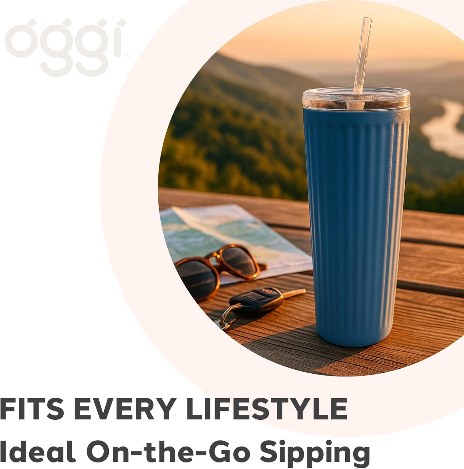 imageOggi 24oz Vacuum Insulated Fluted Tumbler with Straw  Stainless Steel Travel Coffee Mug Cute Adult Sippy Cup with Lid  Hot ampamp Cold Beverage Gift Car Cup Holder Friendly BlushGreen