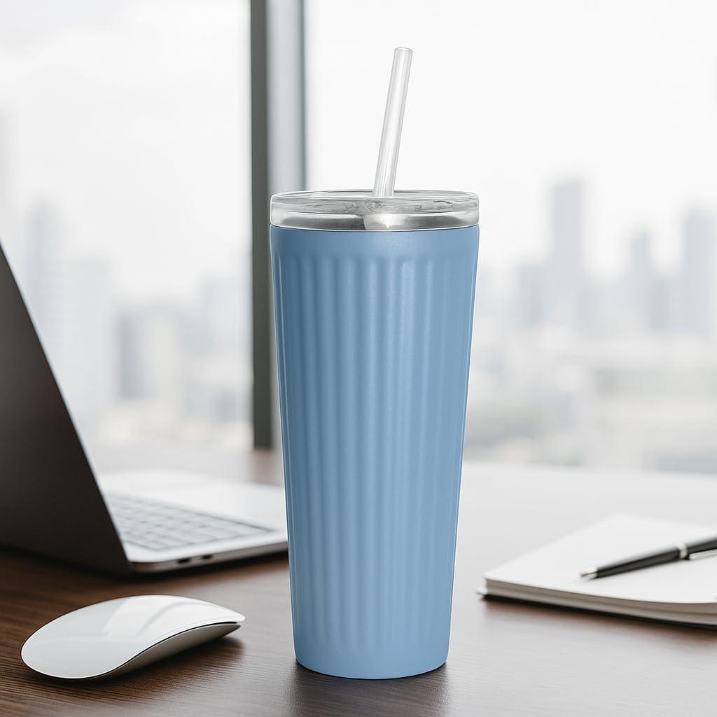 imageOggi 24oz Vacuum Insulated Fluted Tumbler with Straw  Stainless Steel Travel Coffee Mug Cute Adult Sippy Cup with Lid  Hot ampamp Cold Beverage Gift Car Cup Holder Friendly BlushBlush