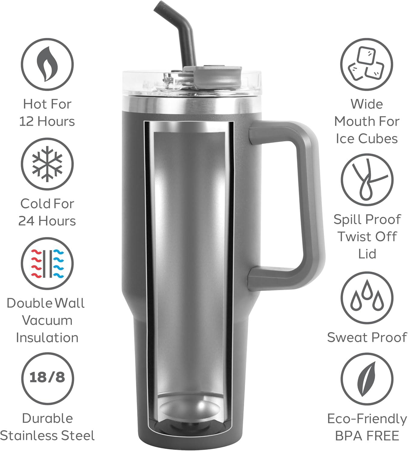 imageOGGI 40 oz Tumbler with Handle Straw ampamp Lid  Big Water Bottle Travel Coffee Mug Stainless Steel Vacuum Insulated Thermal Cup for Hot Cold Beverages Cold for 24Hrs ampamp Hot for 12Hrs  BlueGray