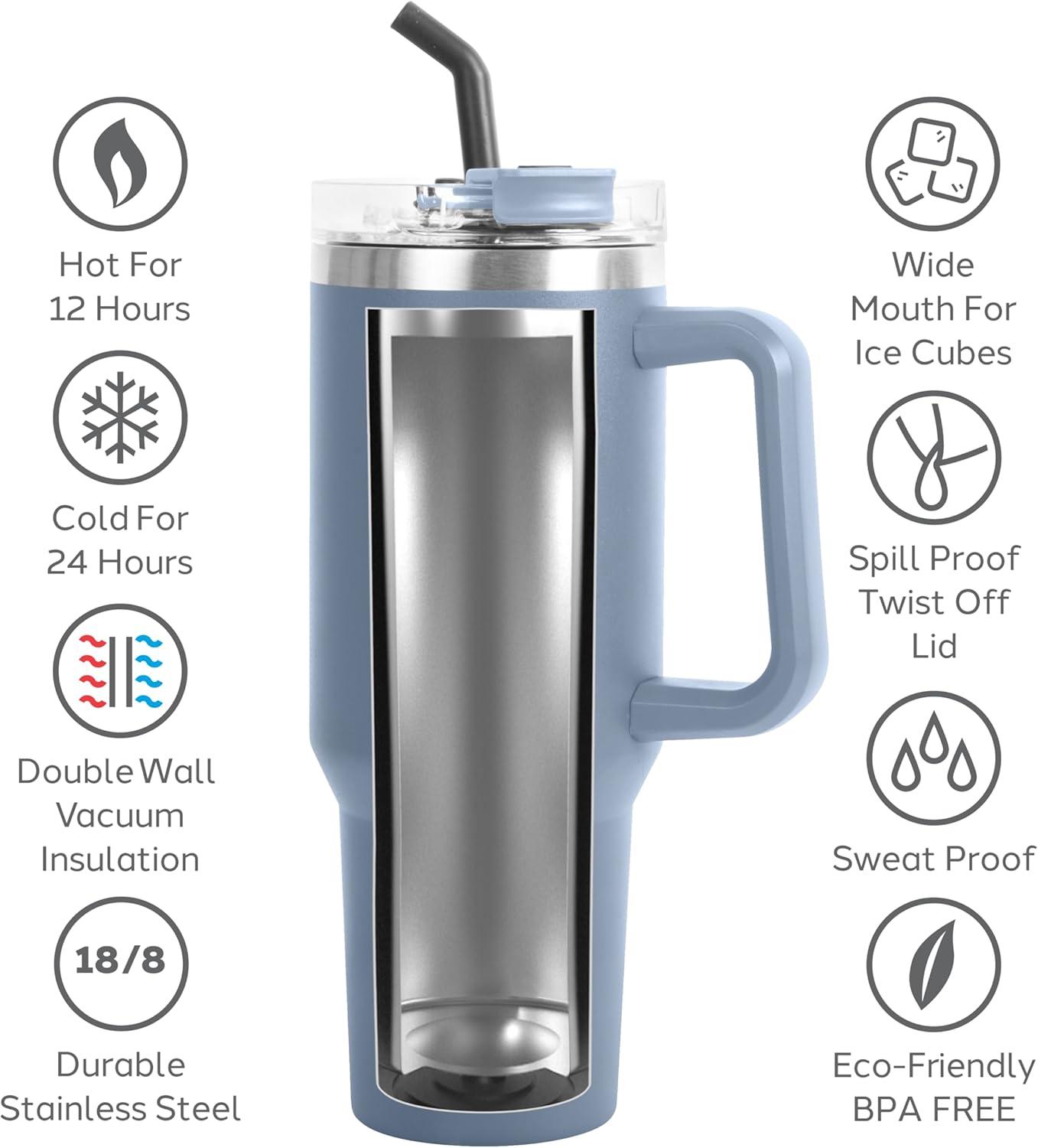 imageOGGI 40 oz Tumbler with Handle Straw ampamp Lid  Big Water Bottle Travel Coffee Mug Stainless Steel Vacuum Insulated Thermal Cup for Hot Cold Beverages Cold for 24Hrs ampamp Hot for 12Hrs  BlueBlue