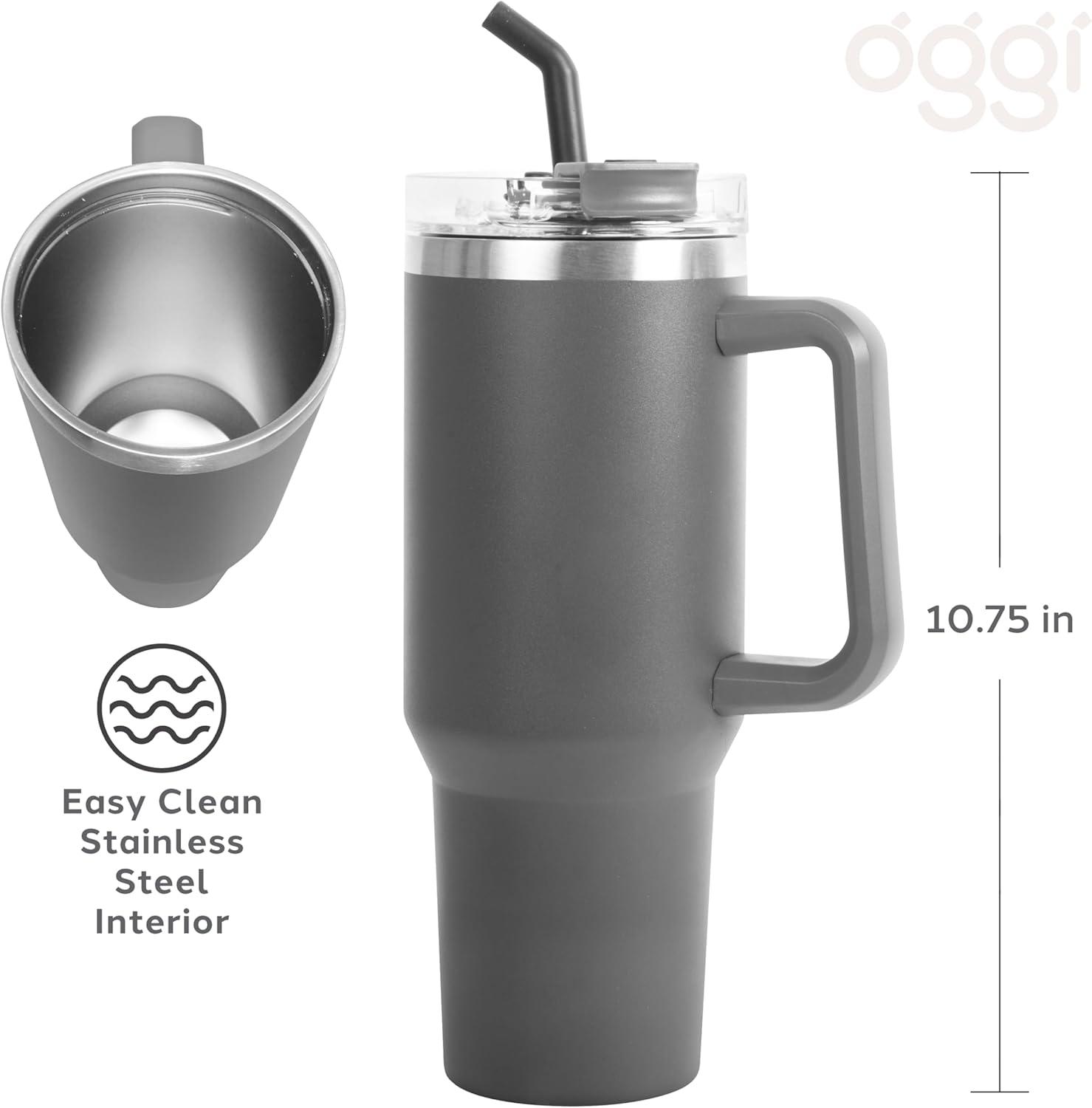 imageOGGI 40 oz Tumbler with Handle Straw ampamp Lid  Big Water Bottle Travel Coffee Mug Stainless Steel Vacuum Insulated Thermal Cup for Hot Cold Beverages Cold for 24Hrs ampamp Hot for 12Hrs  BlueGray
