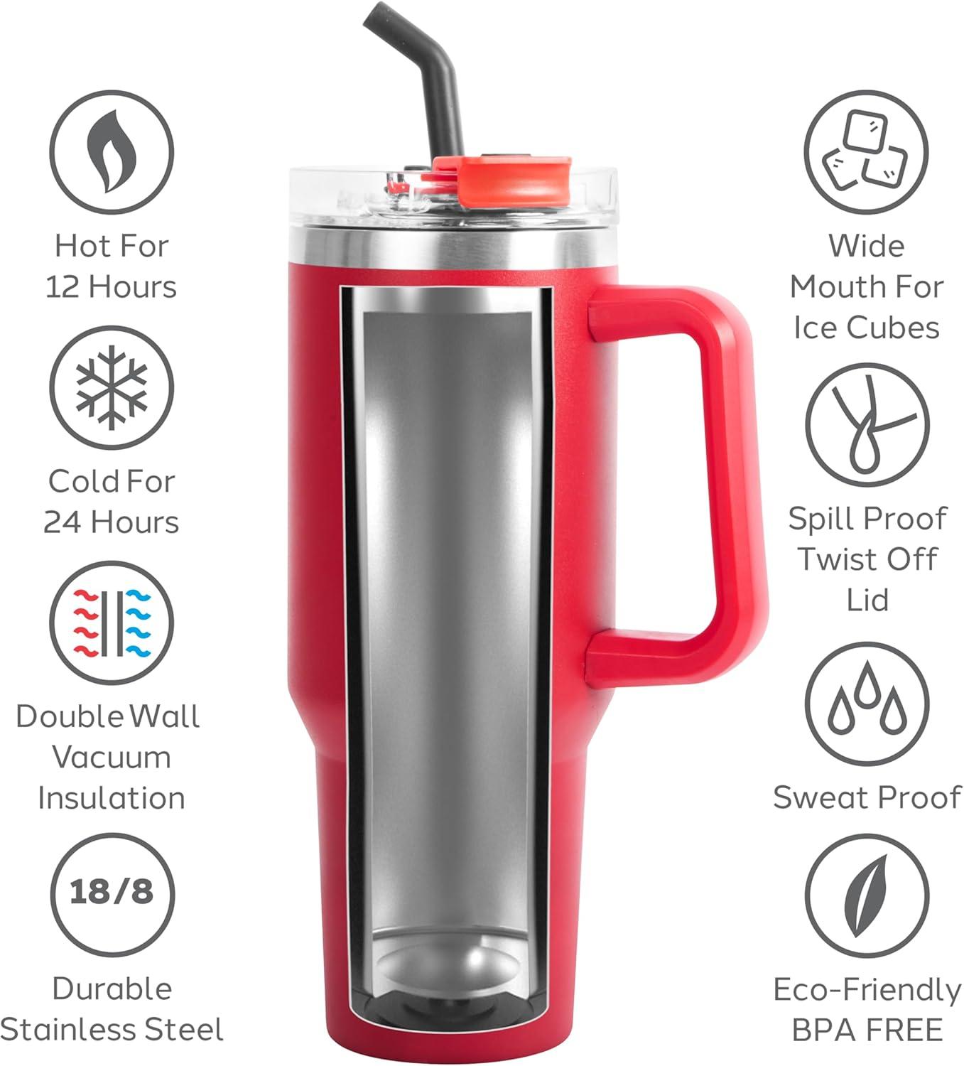 imageOGGI 40 oz Tumbler with Handle Straw ampamp Lid  Big Water Bottle Travel Coffee Mug Stainless Steel Vacuum Insulated Thermal Cup for Hot Cold Beverages Cold for 24Hrs ampamp Hot for 12Hrs  BlueRed