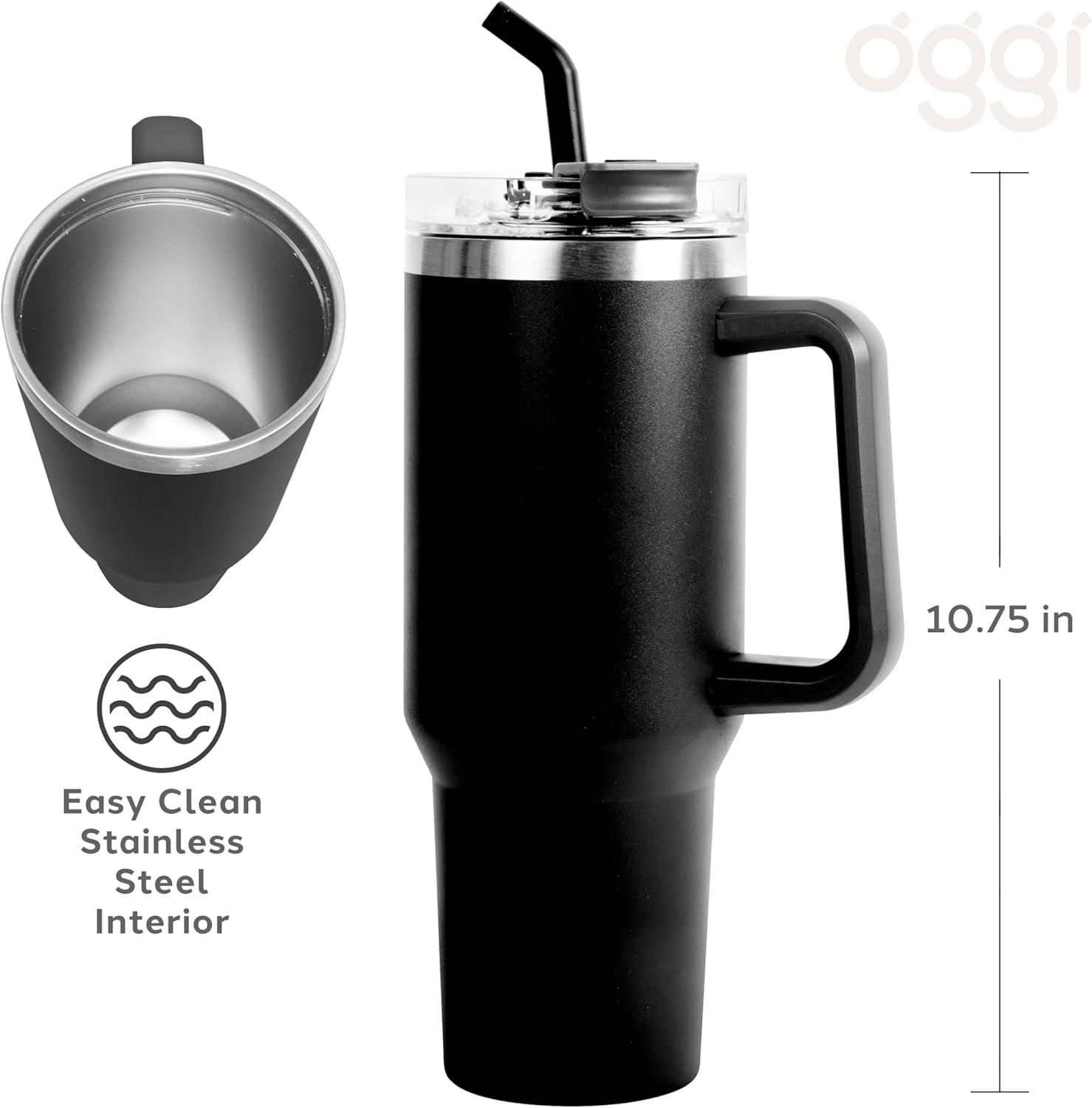 imageOGGI 40 oz Tumbler with Handle Straw ampamp Lid  Big Water Bottle Travel Coffee Mug Stainless Steel Vacuum Insulated Thermal Cup for Hot Cold Beverages Cold for 24Hrs ampamp Hot for 12Hrs  BlueBlack